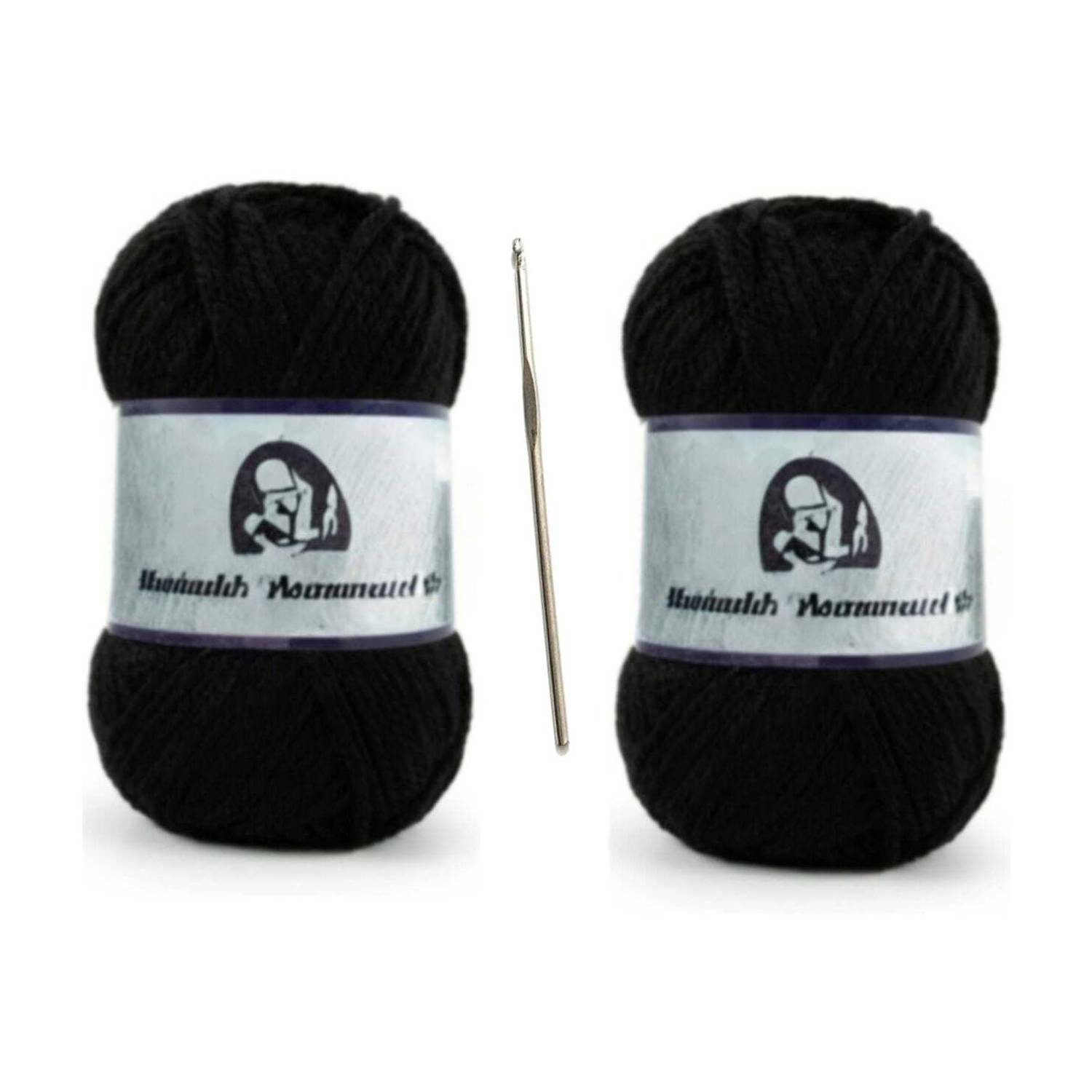 Waaome Black Wool 200gm + 1 Steel Kurusiya Knitting Yarn - Image 1