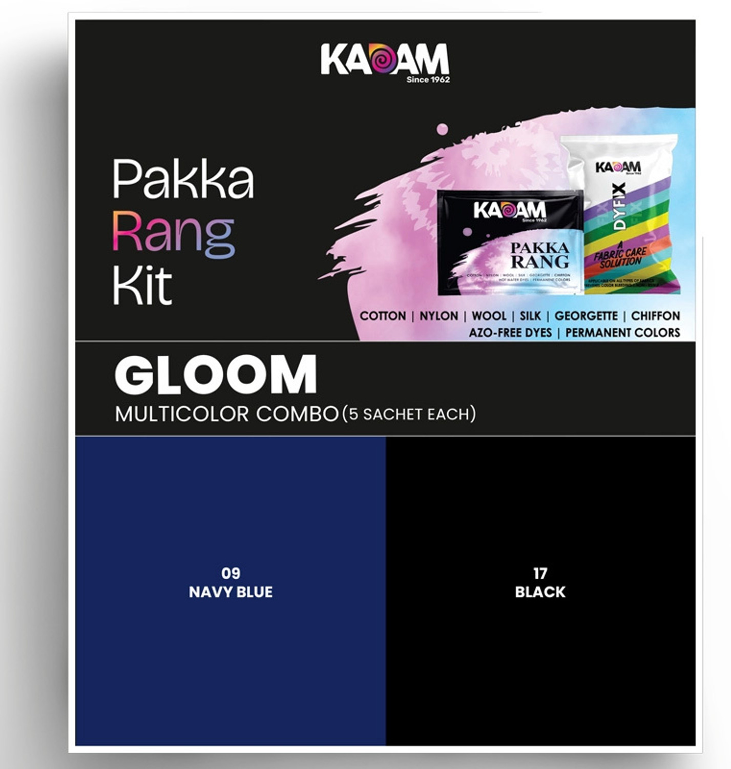 KADAM Pakka Rang Faric Dye Combo | Gloom | 10 multicolour Sachets + 5 DyFix Sachets