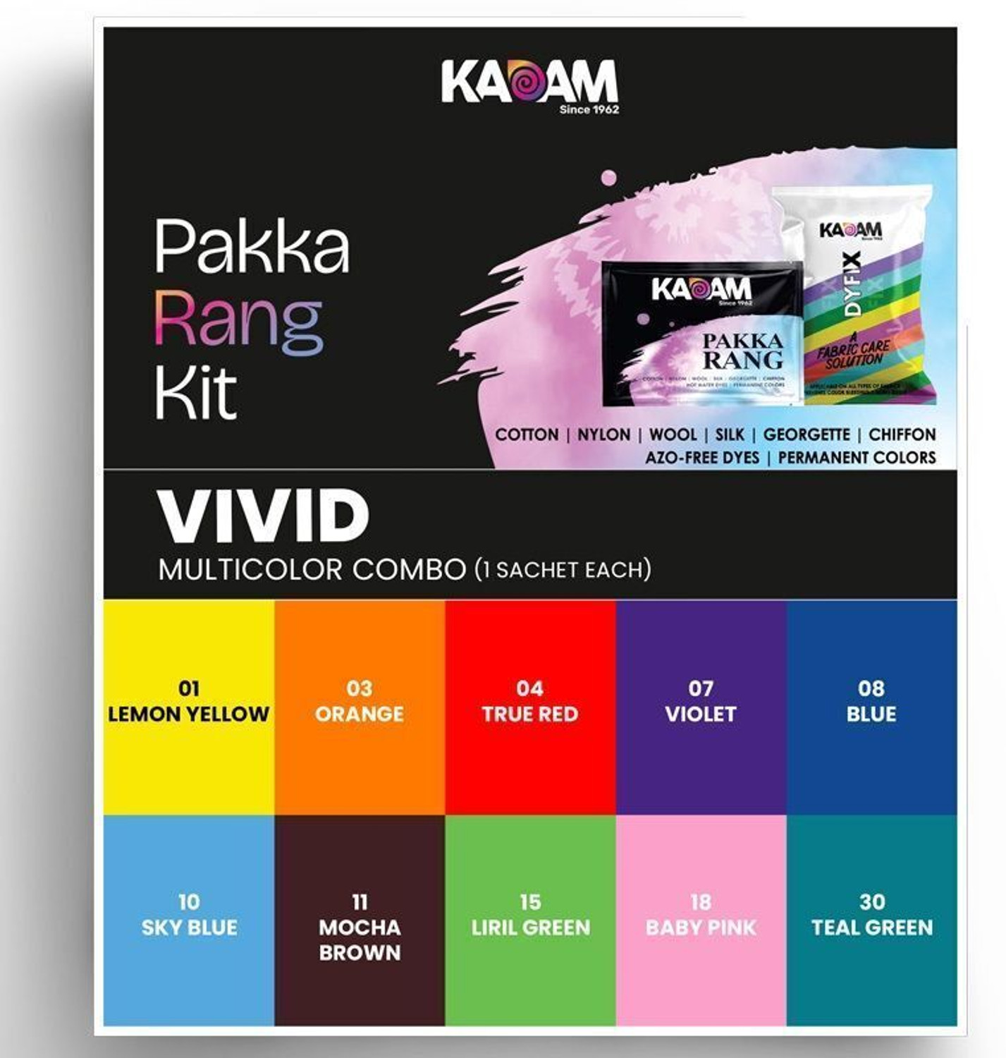 Image of KADAM Pakka Rang Vivid Multicolor Fabric Dye Combo for Clothes + 5 DyFix Sachets