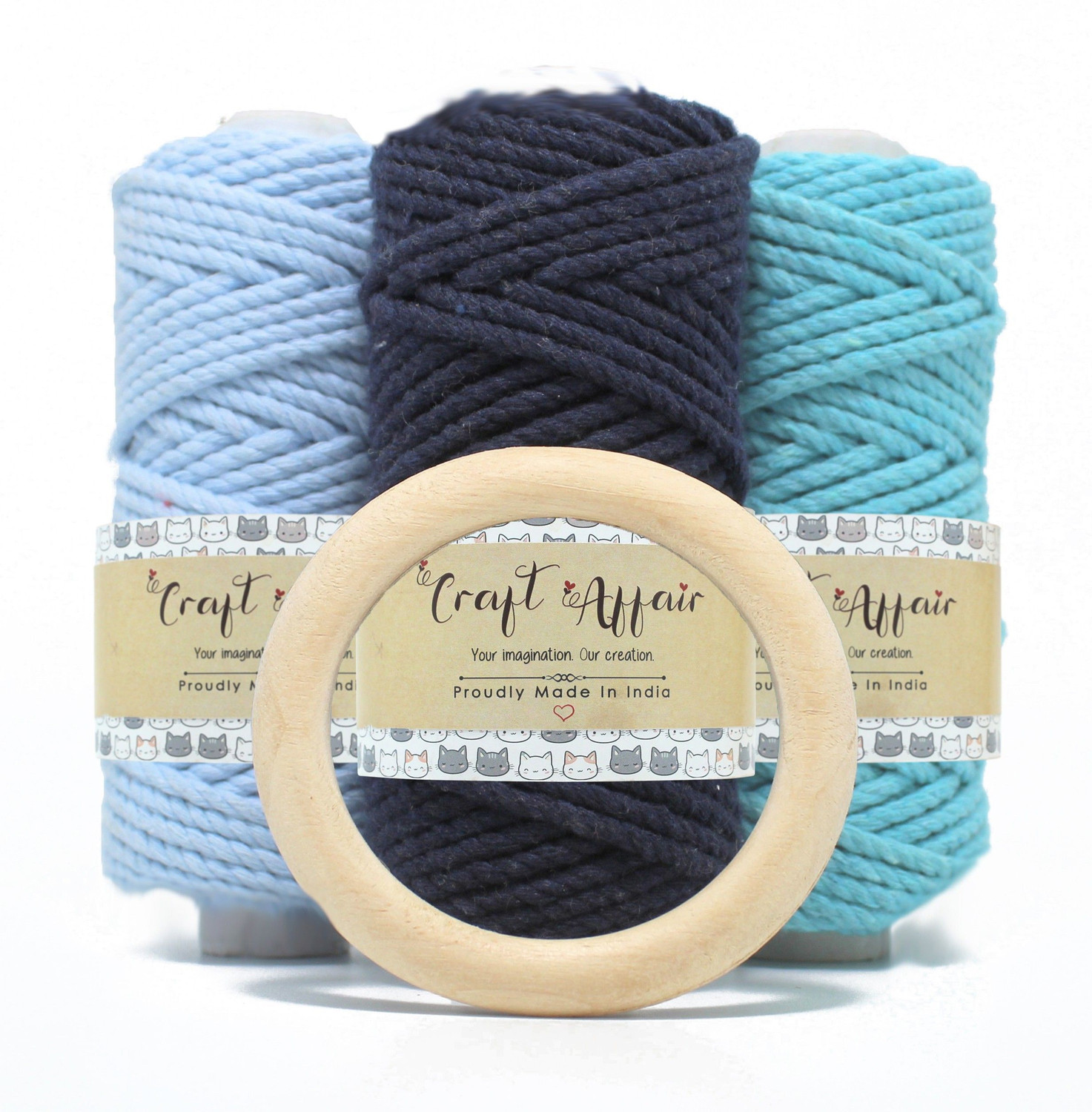 Image of Craft Affair | 3ply Twisted Cotton Macrame Cord 3mm | With Free 7cm Wooden Ring | Pack of 8