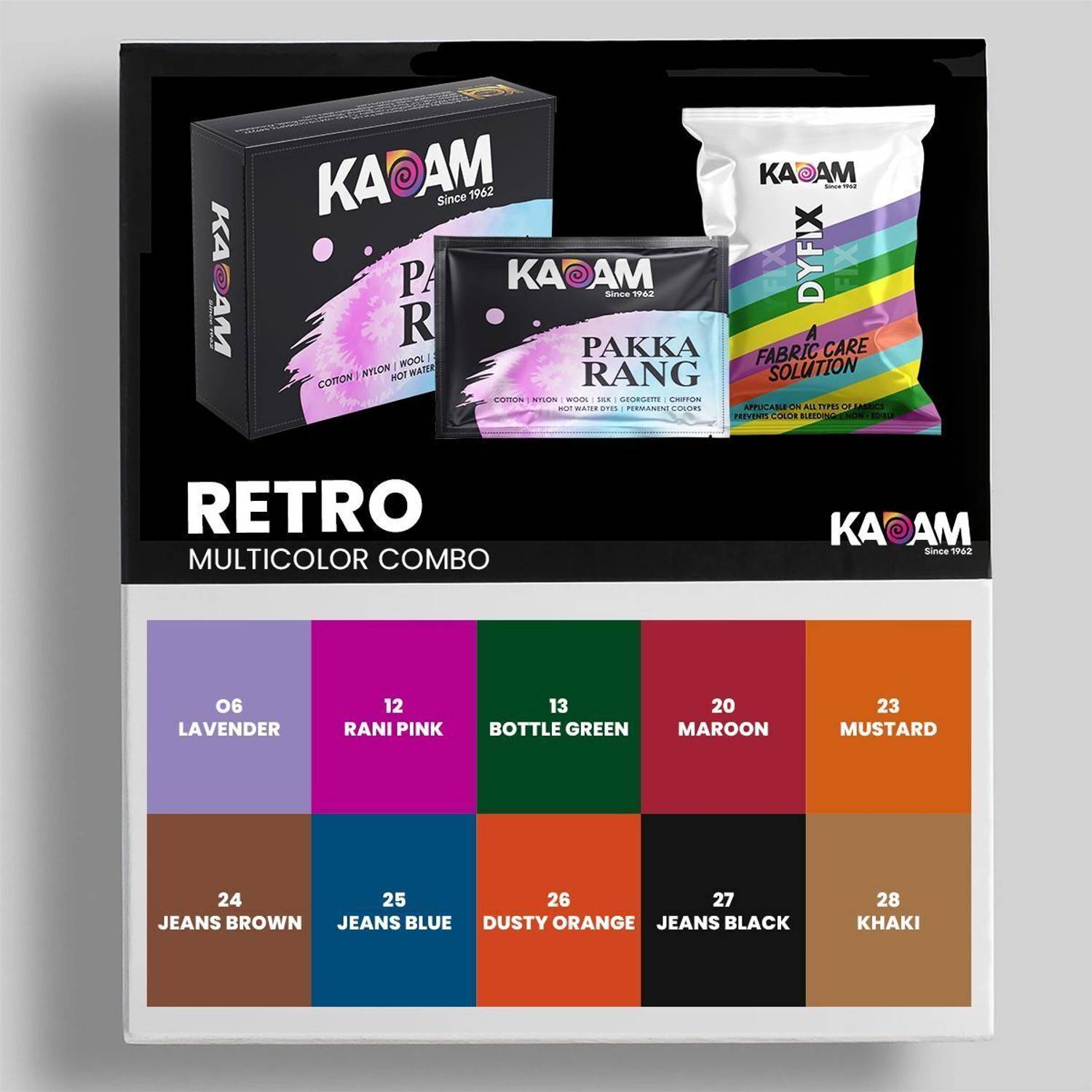 KADAM Pakka Rang Faric Dye Combo | Retro | 10 multicolour Sachets