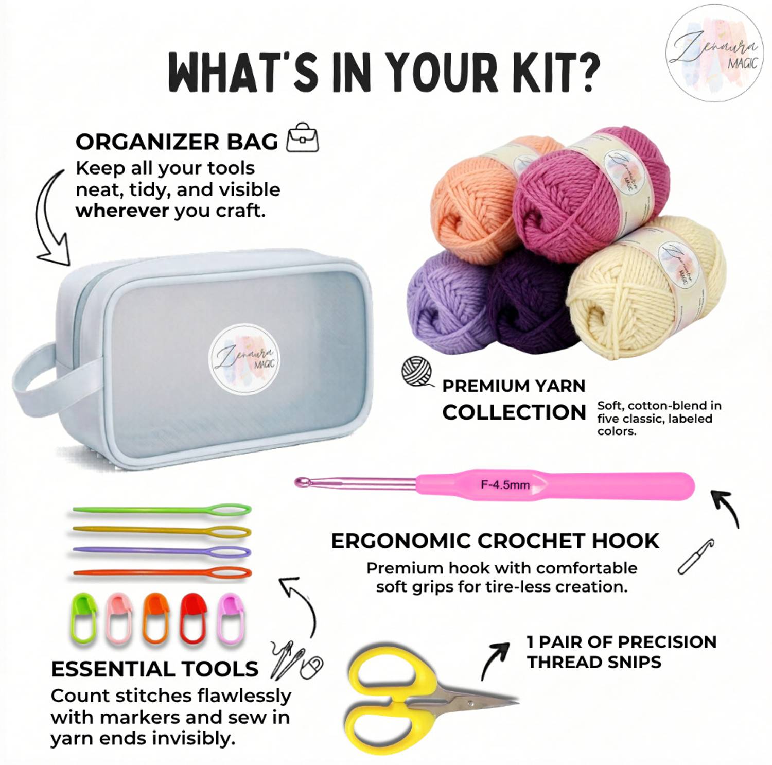 Zenaura Magic Crochet Kit for Beginners, 5Pc Yarn with Hooks - Image 3