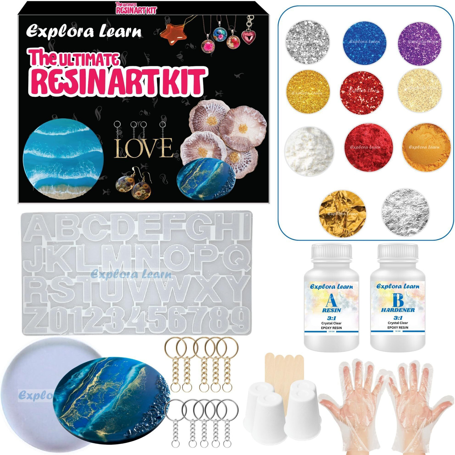 Image of Exploralearn Ultimate Resin Art Kit - DIY Alphabet and Coaster Kit with 200 gm Epoxy Resin