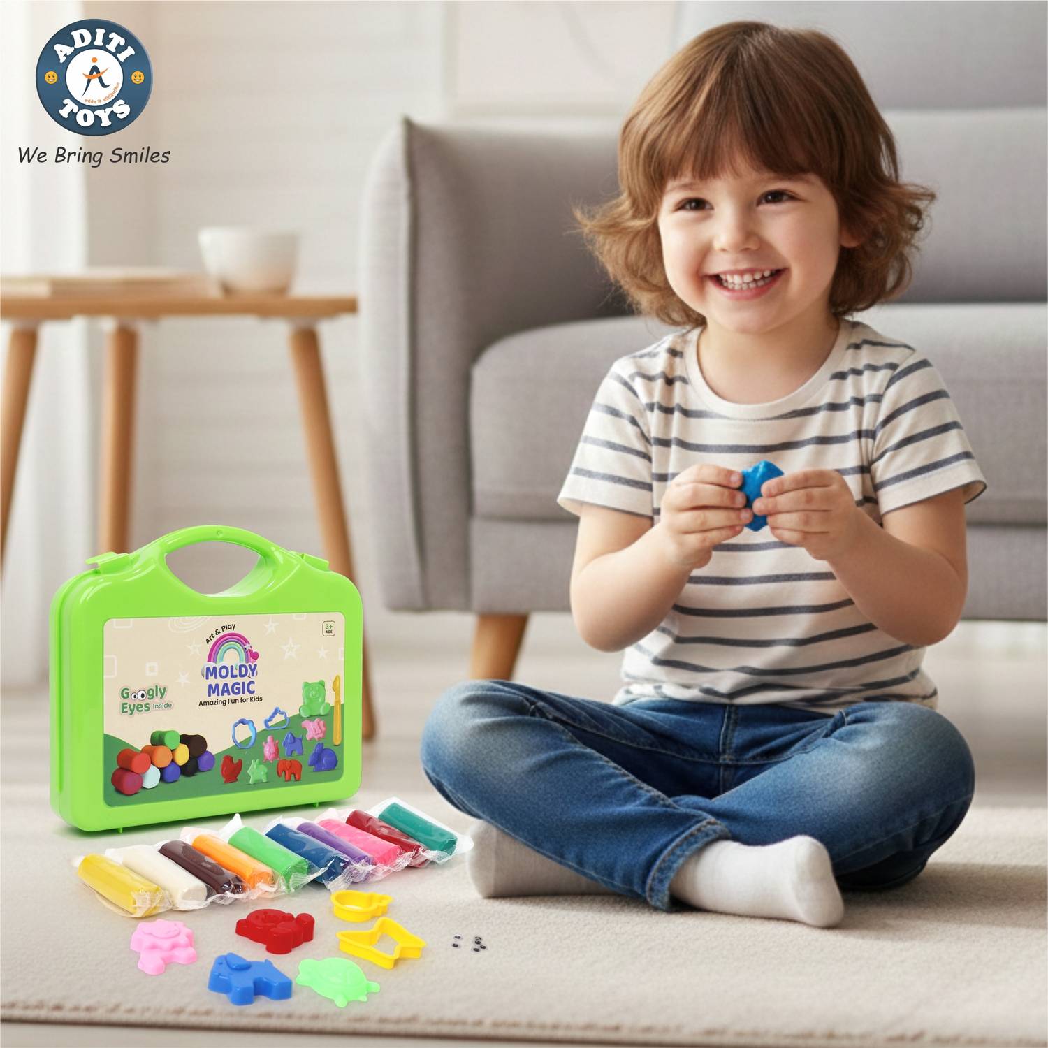 Aditi Toys Moldy Magic 10 Colorful Dough with Foldable Suitcase for Kids (Green Suitcase)