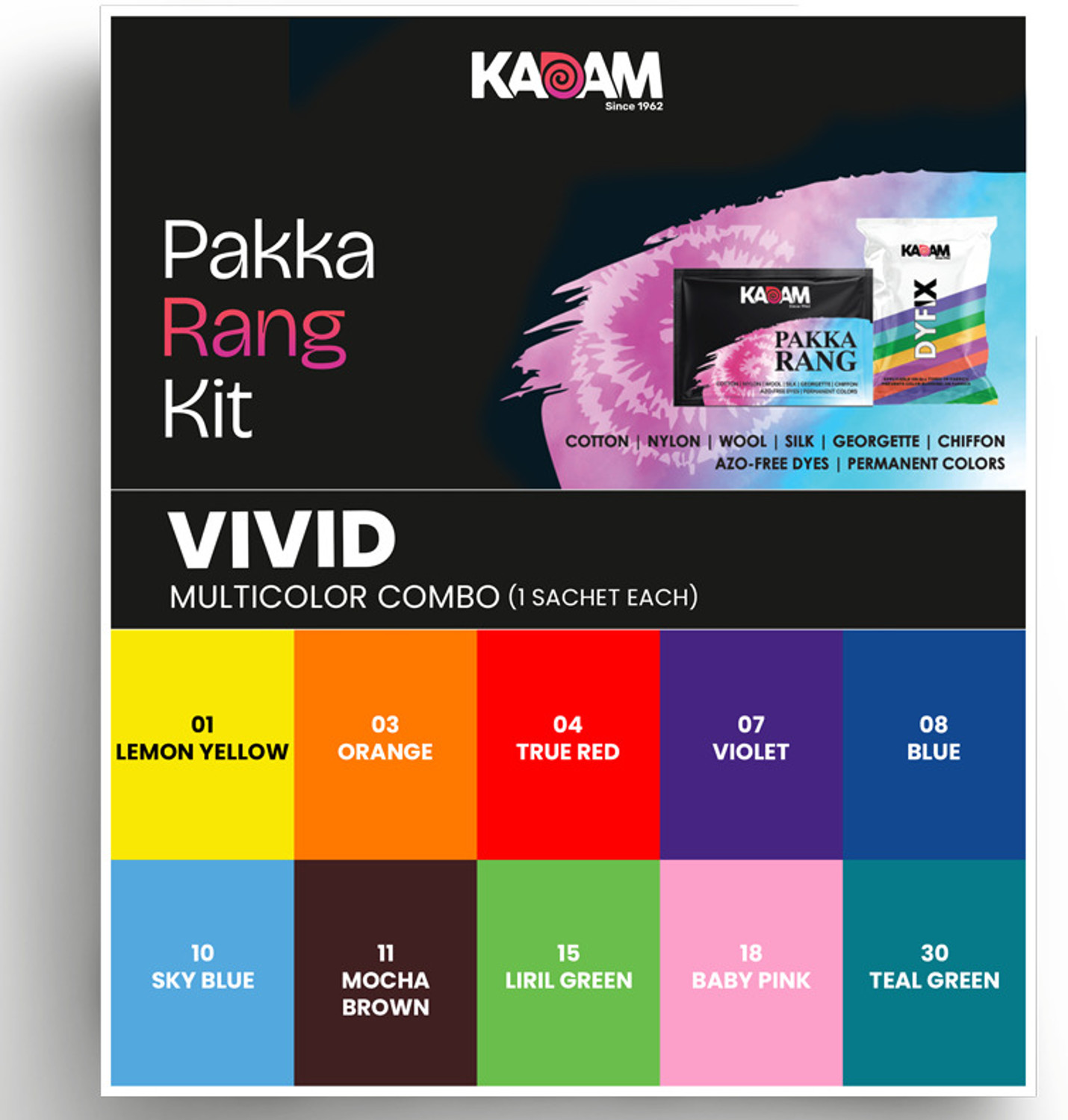 KADAM Pakka Rang Faric Dye Combo | Vivid | 10 multicolour Sachets + 5 DyFix Sachets