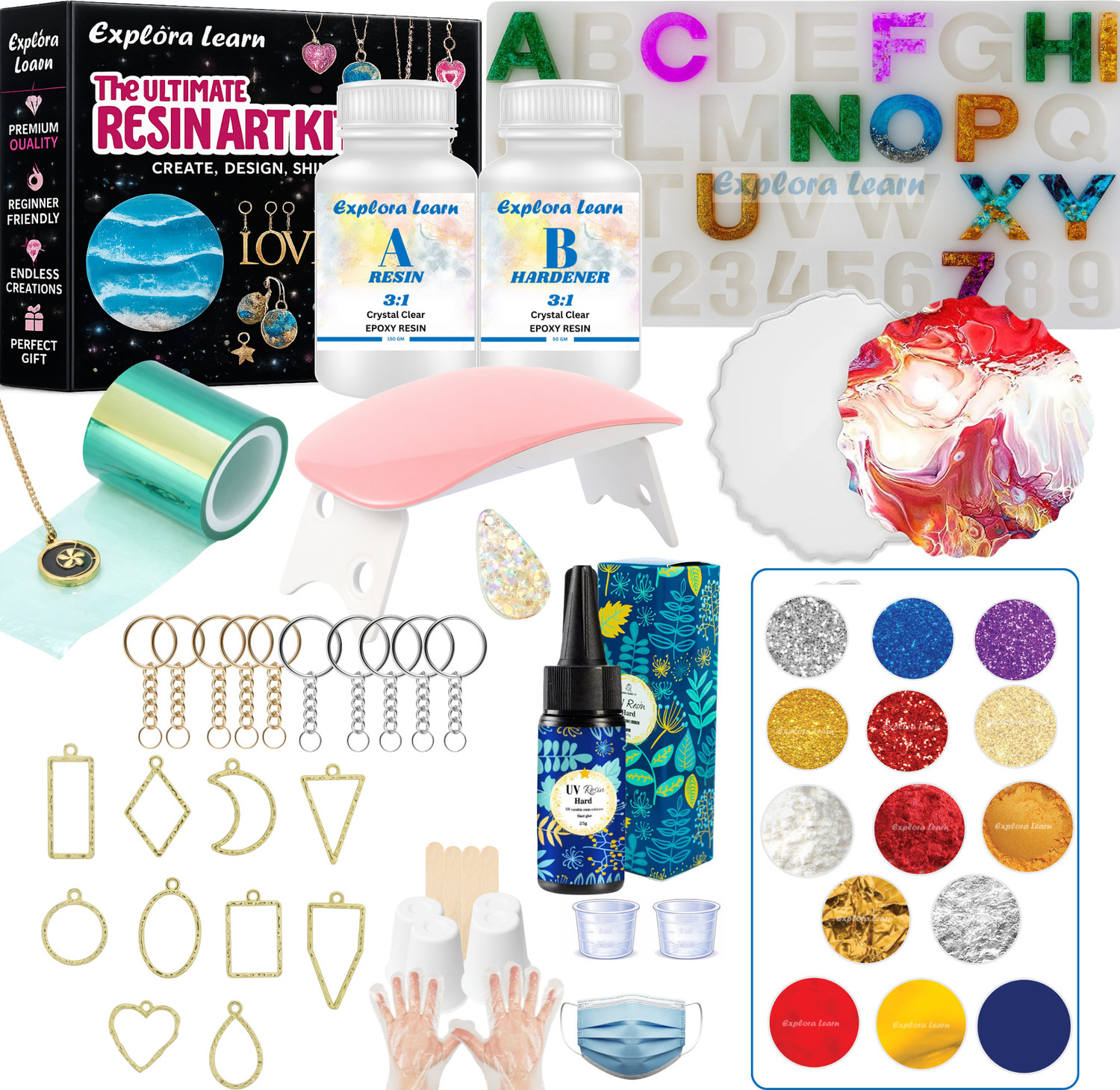 Exploralearn 25gm UV & 200gm Epoxy Resin Alphabet and Pendant Combo Resin Art Kit