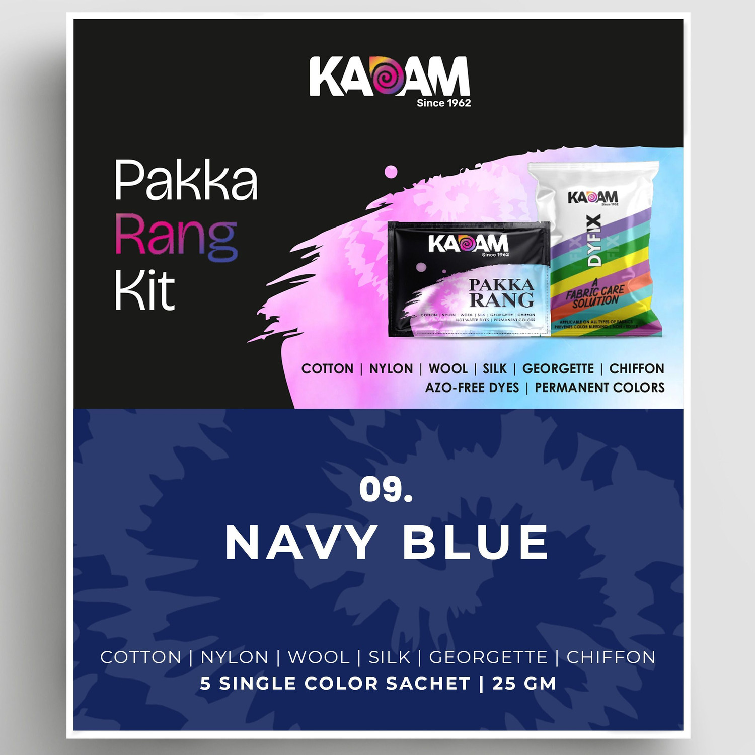 Image of KADAM Fabric Dye Colour, Shade 09 Navy Blue, Pack of 5 Single Color Pouches