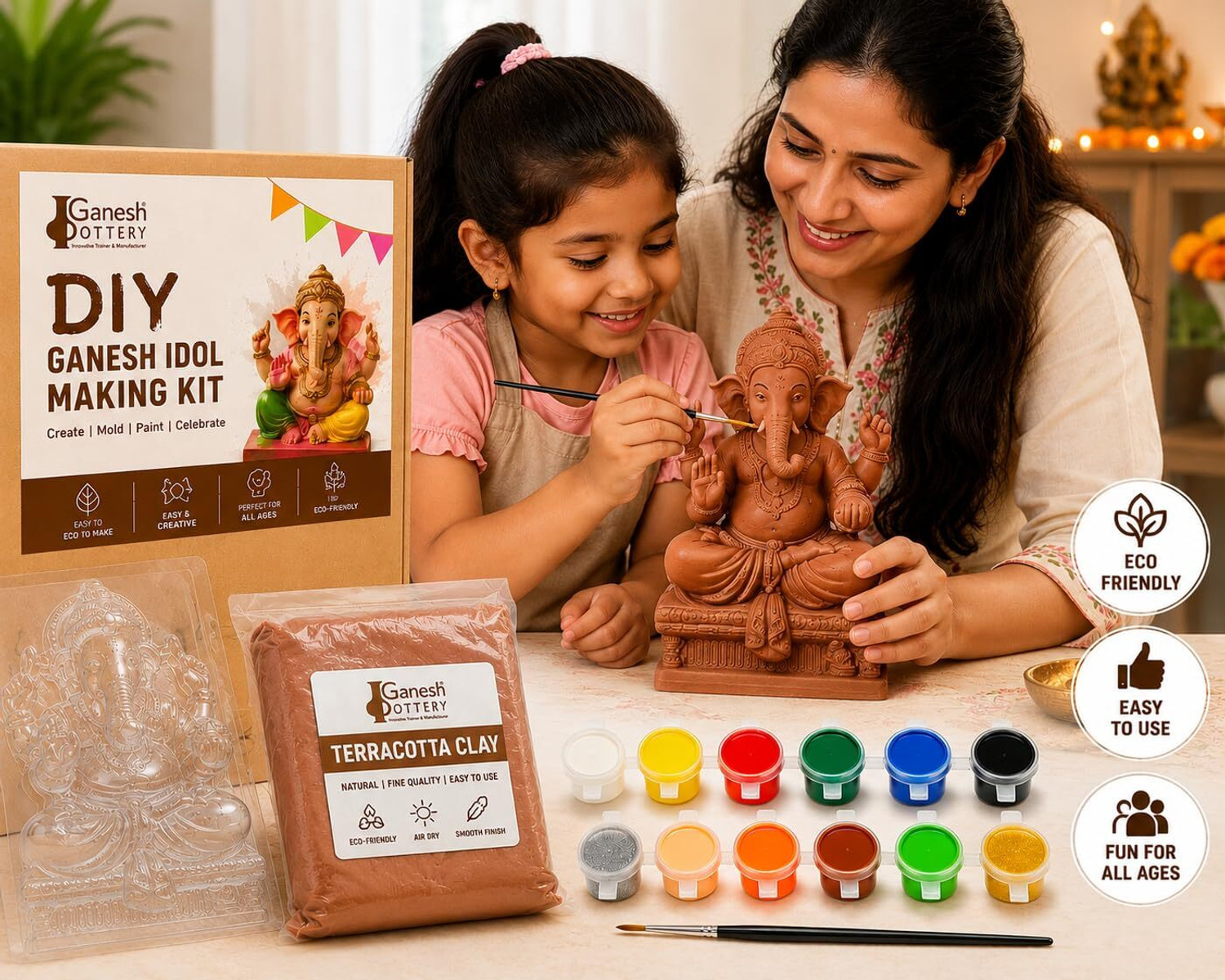 Image of Ganesh Pottery DIY Ganesh Idol Making Kit with Terracotta Clay Mould & Paint Set
