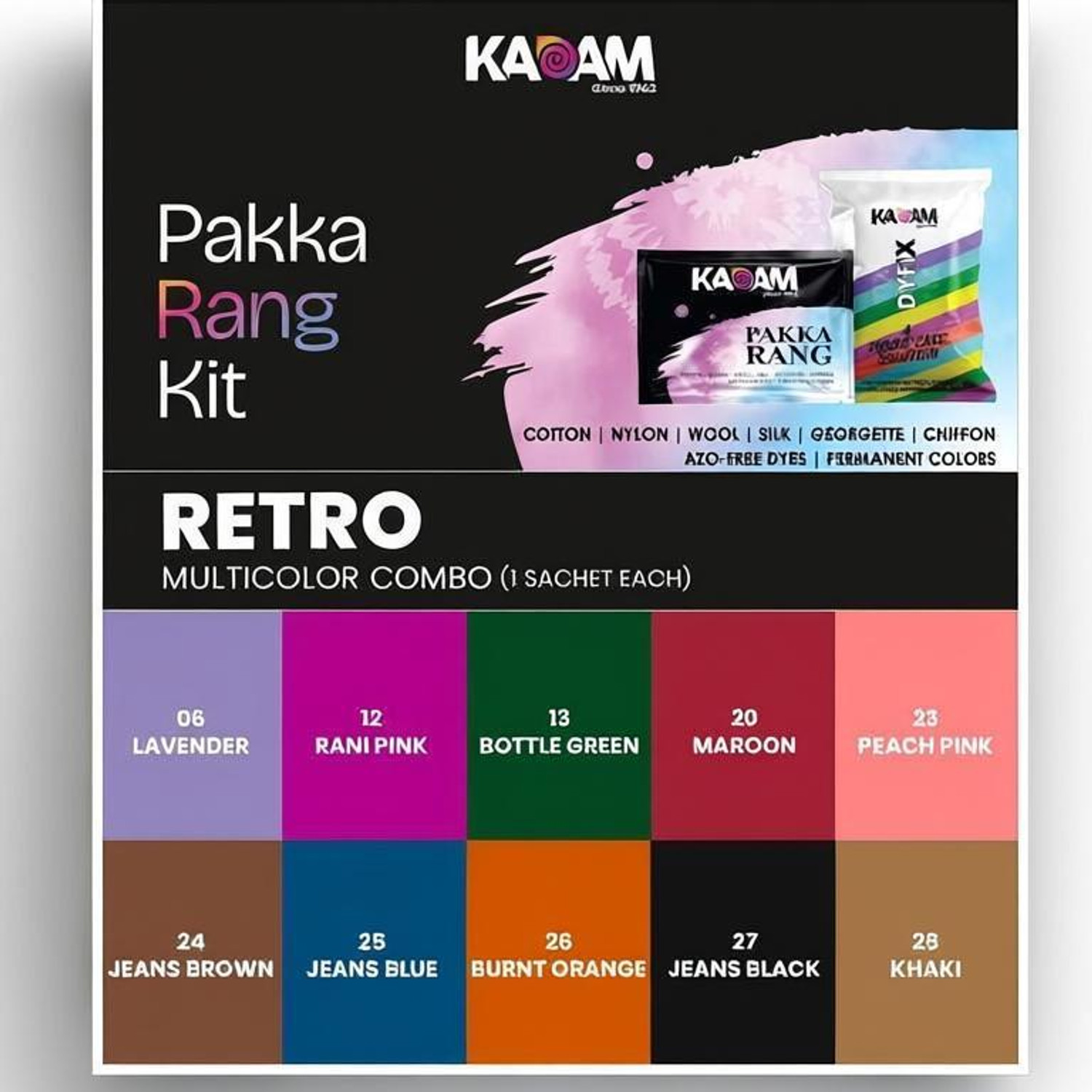 KADAM Pakka Rang Retro Multicolor Fabric Dye Combo for Clothes + 5 DyFix Sachets