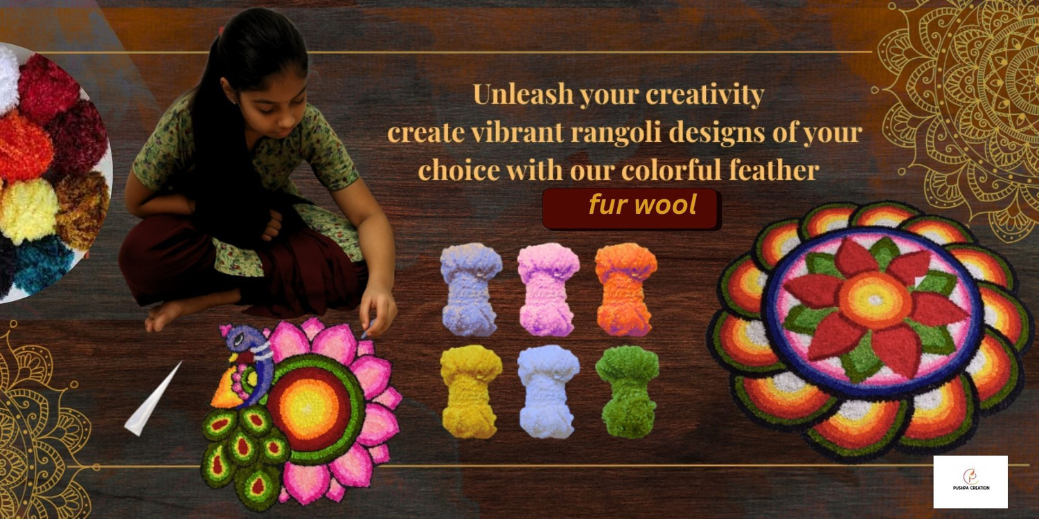 Image of PUSHPA CREATION Fur Wool for Rangoli Mats | Festival DecoratioI Purple,Golden,green,Orange 400g