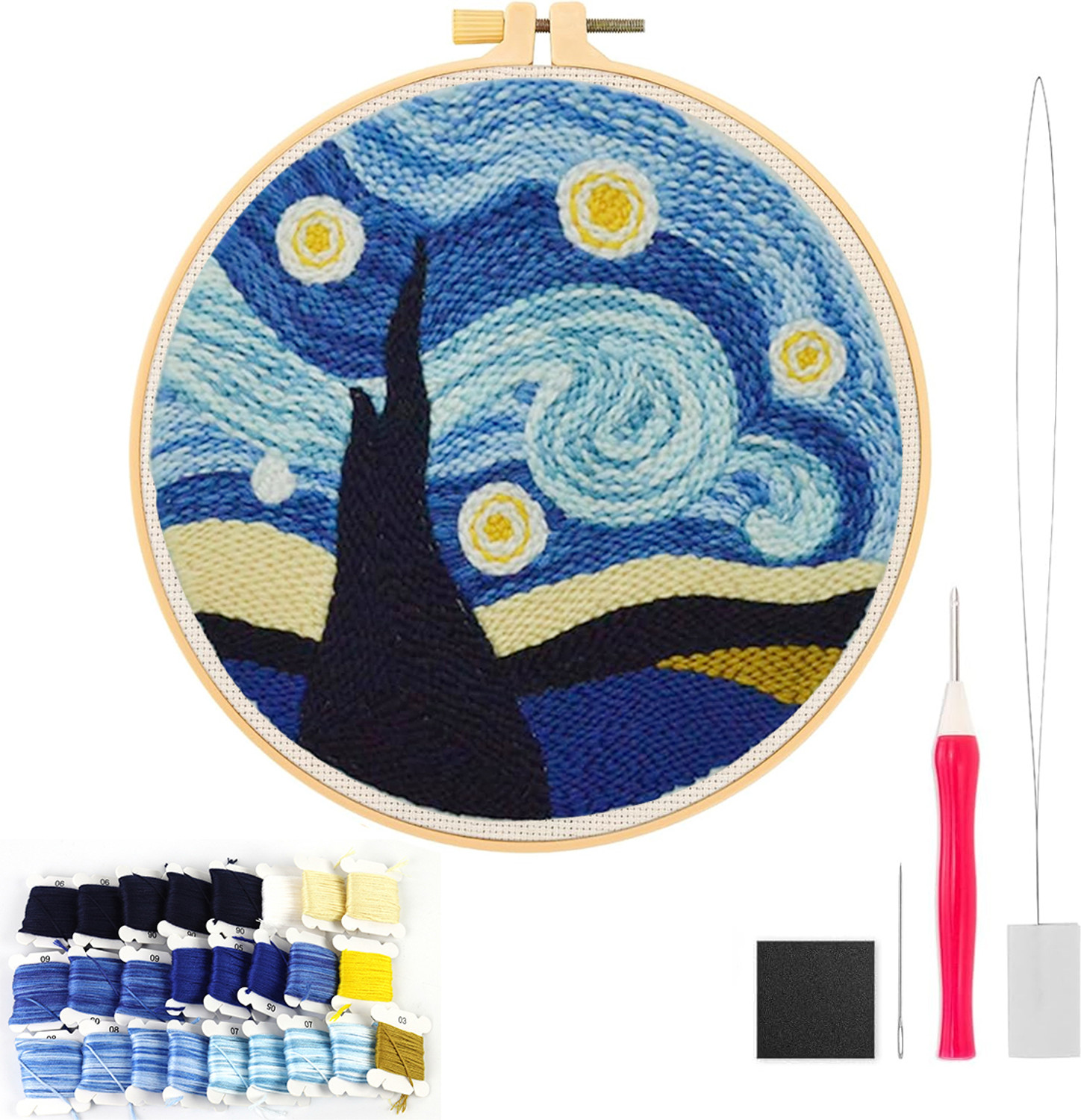 Image of PROBEROS DIY Punch Needle Art Kit Starry Night 20x20cm Hoop for Kids Adults Beginners