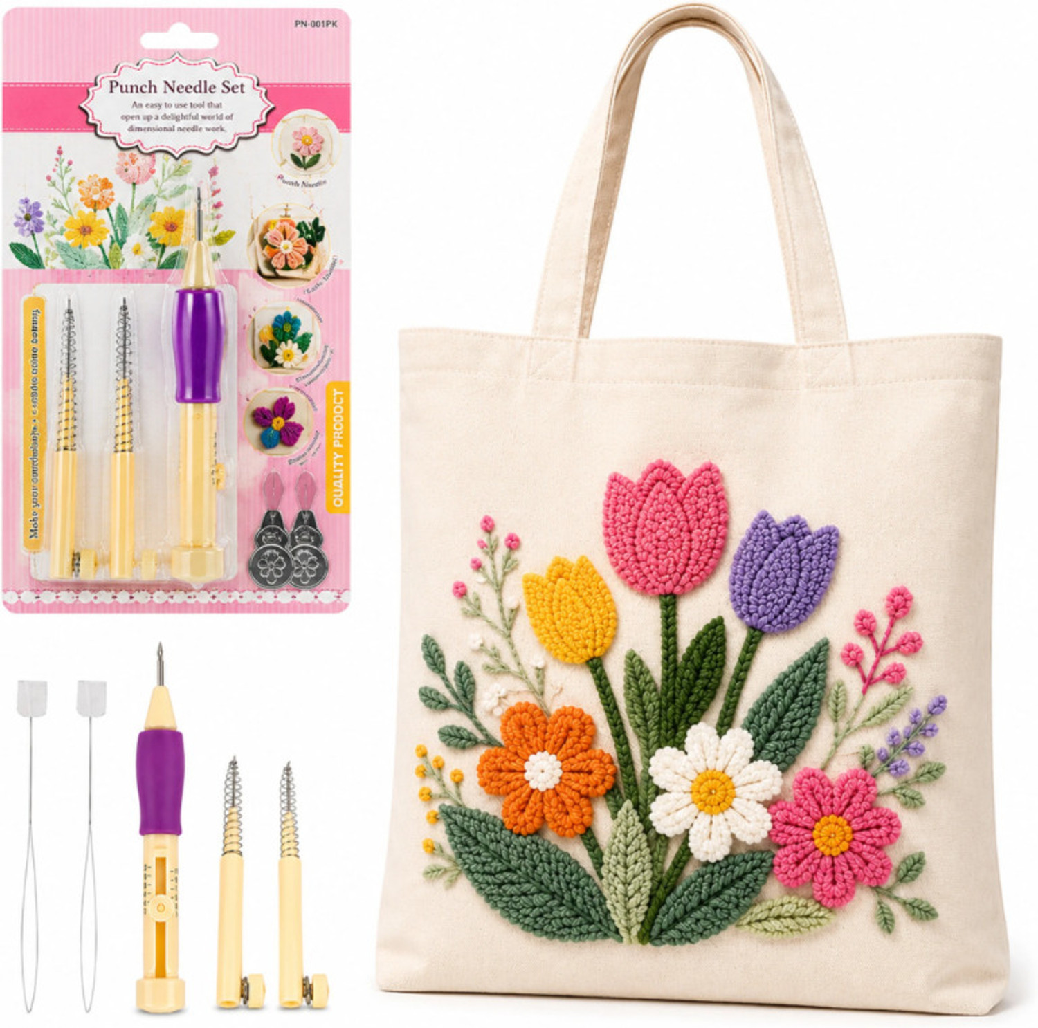 Image of PEACORA Punching Needle Embroidery Kit for Beginners with Fabric, Wooden Frame & Threads
