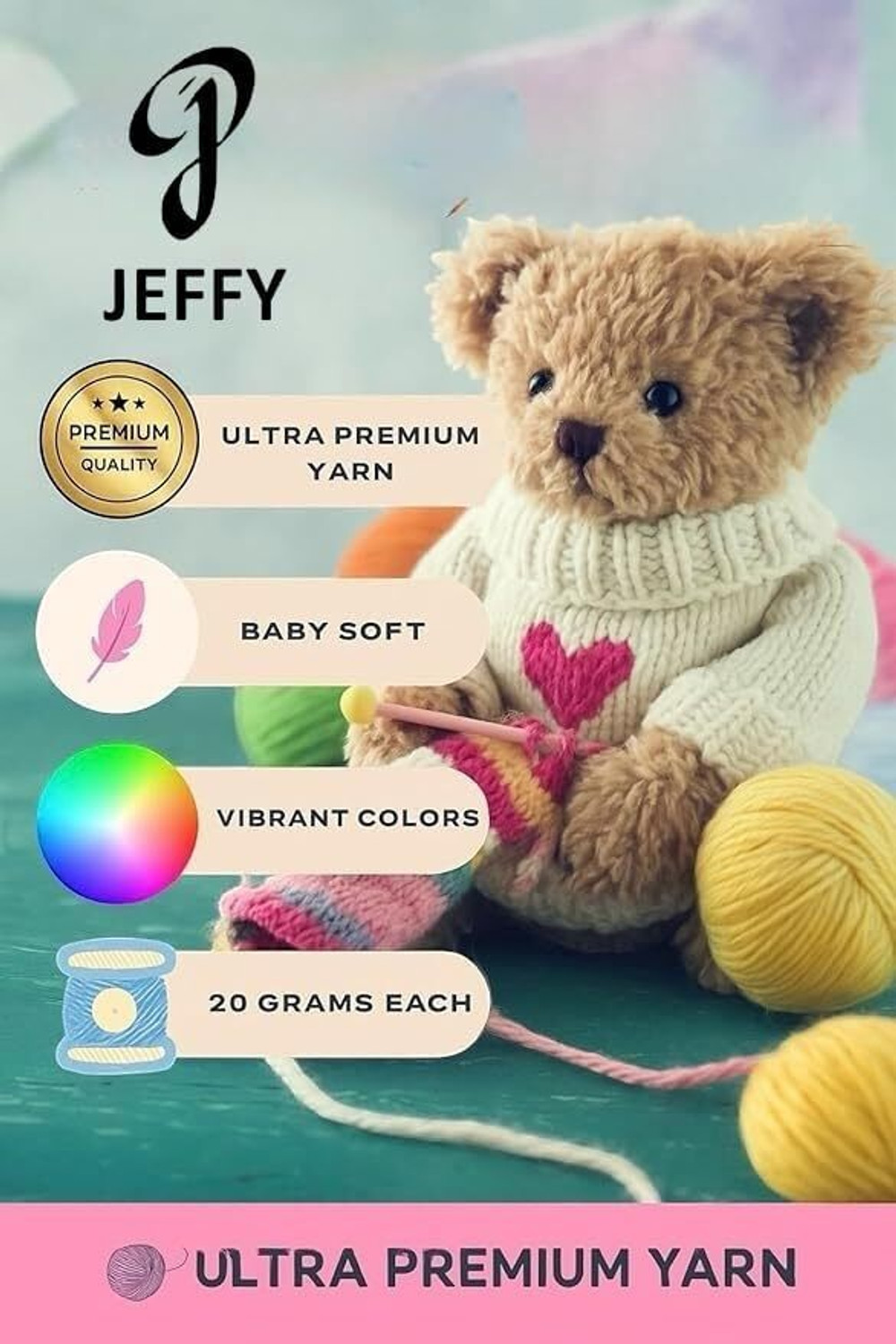 Image of JEFFY Multicolor Yarn Pack of 24 Wool Balls (1 Ball / 20 Grams) 100% Acrylic.