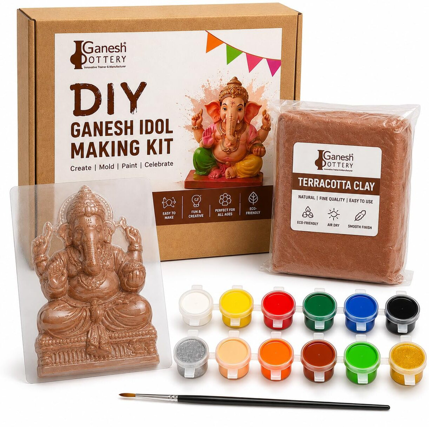 Image of Ganesh Pottery DIY Ganesh Idol Making Kit with Terracotta Clay Mould & Paint Set
