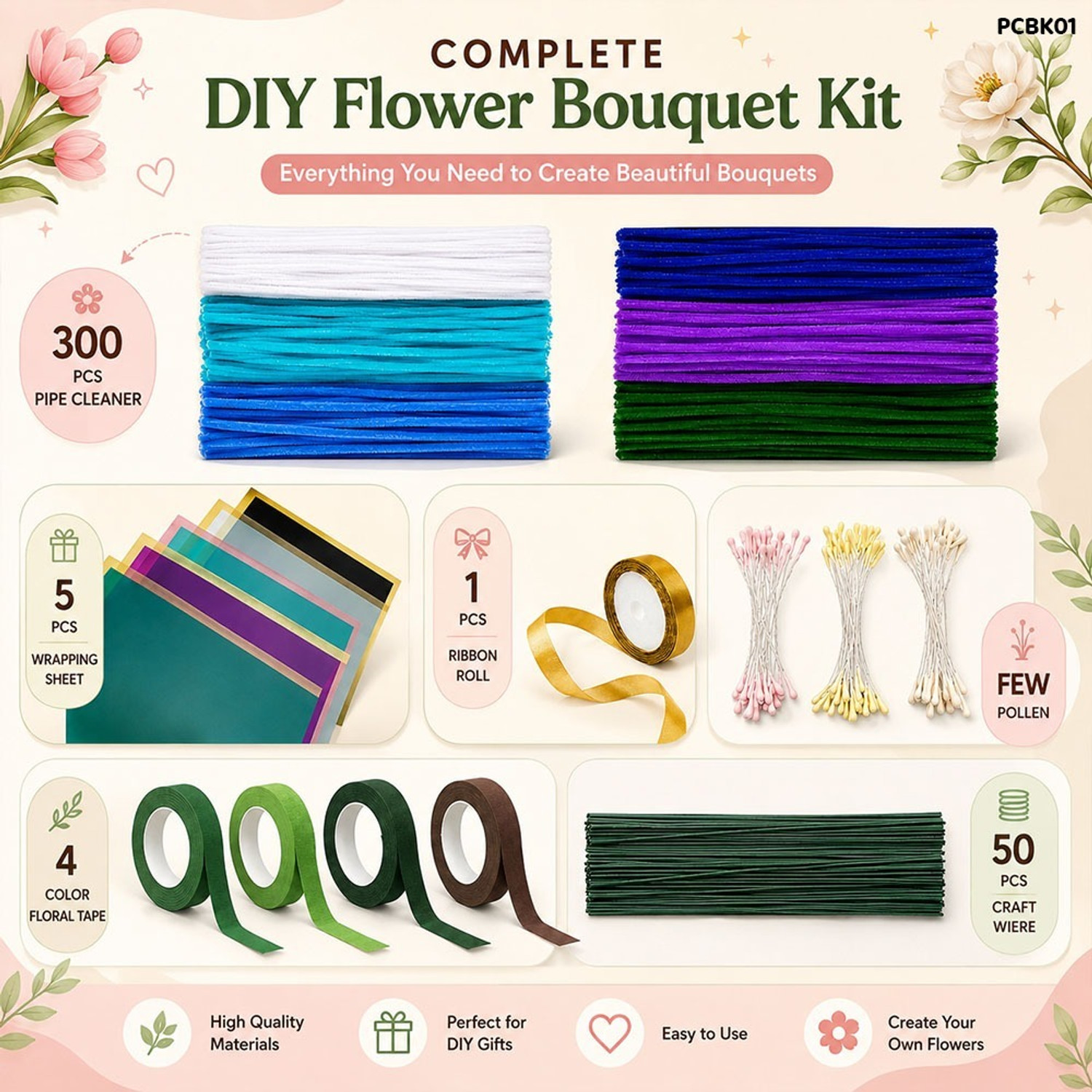 Image of banira Complete DIY Flower Bouquet Craft Kit - 300 PCS Pipe Cleaner Set