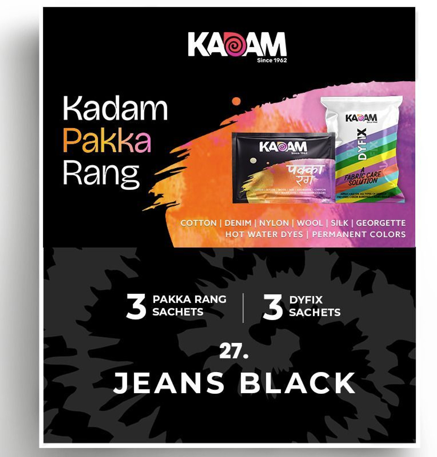 Image of KADAM Pakka Rang| No.27 Jeans Black Color Dye 3 Sachets with Dyfix 3 Sachets