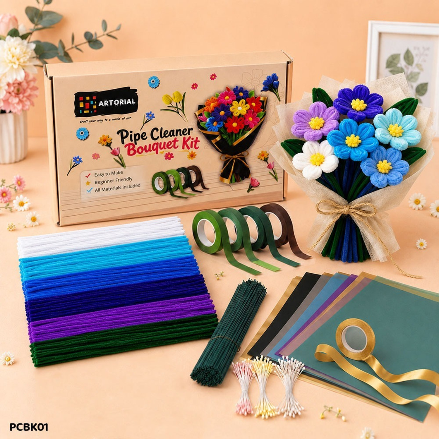 Image of banira Complete DIY Flower Bouquet Craft Kit - 300 PCS Pipe Cleaner Set