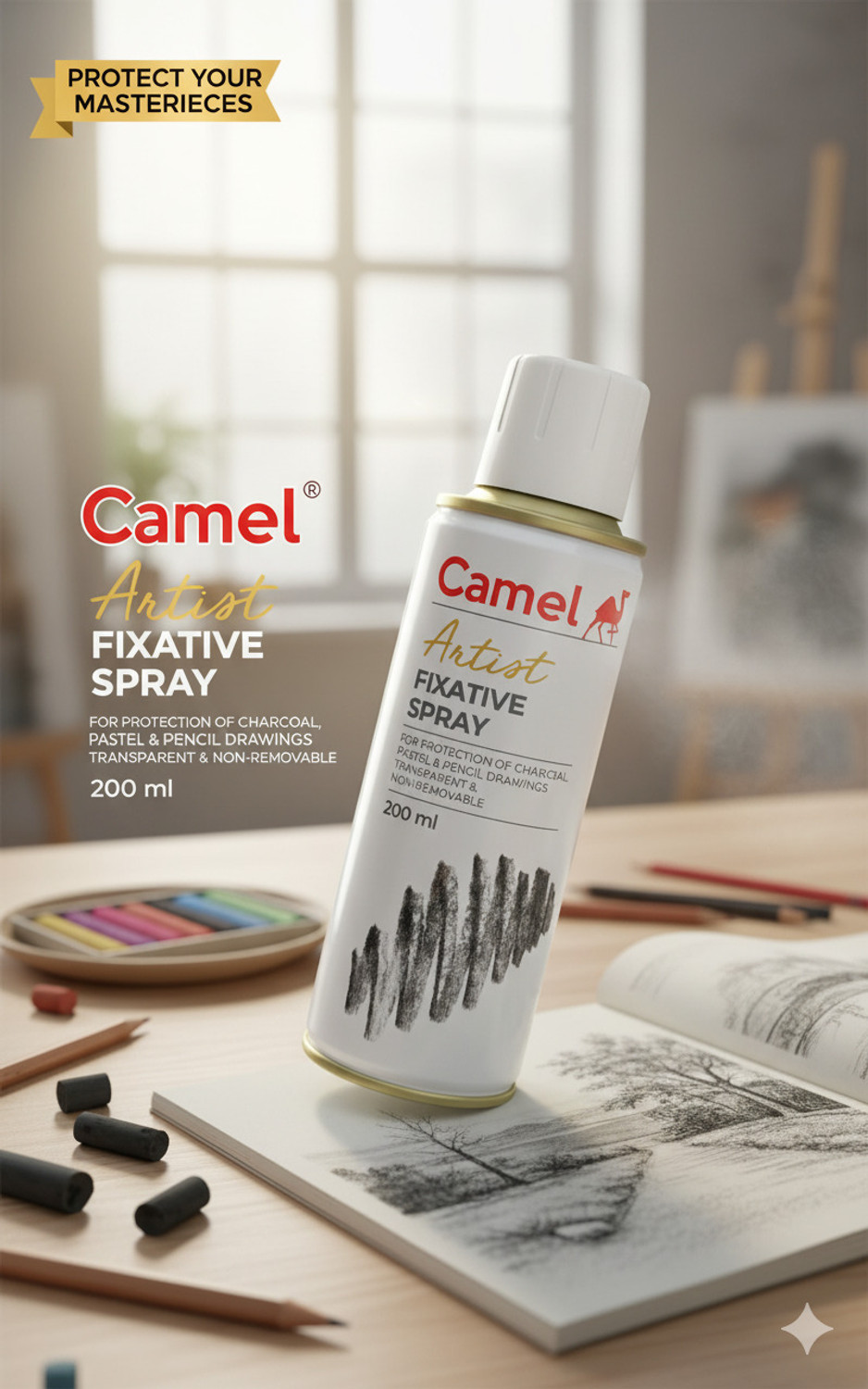 Image of Camlin Artist's Fixative Spray Can | 200ml | Transparent | Perfect use on Pastel Colors Matte Varnish