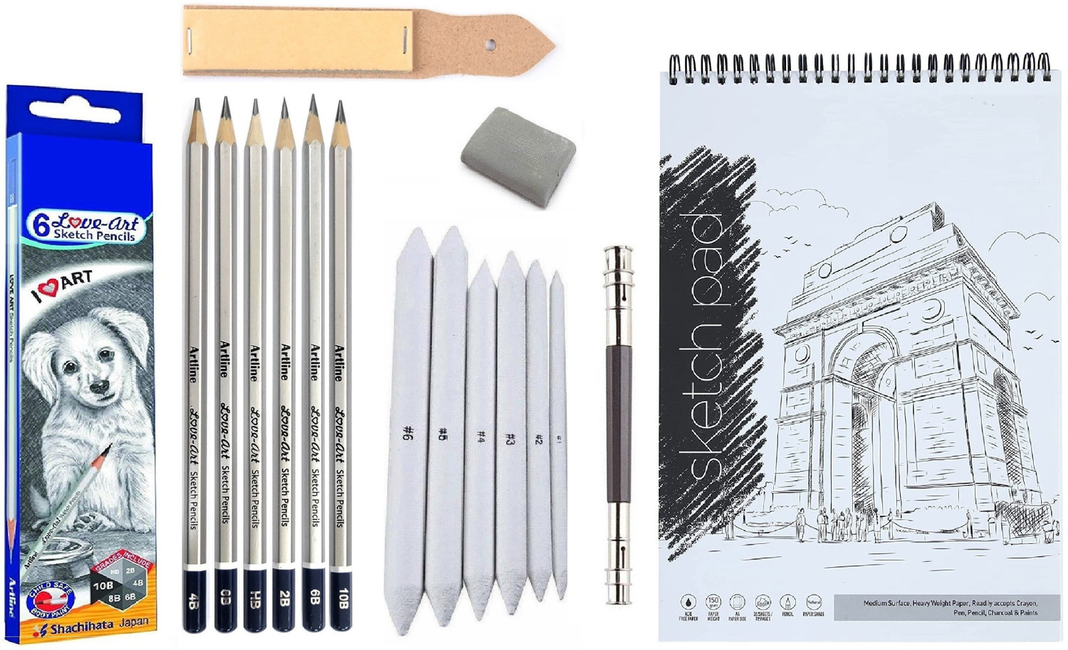 Image of Craftacious Artline Graphite Pencils w / Sketching /Drawing Tools Set + A5 Sketch Pad