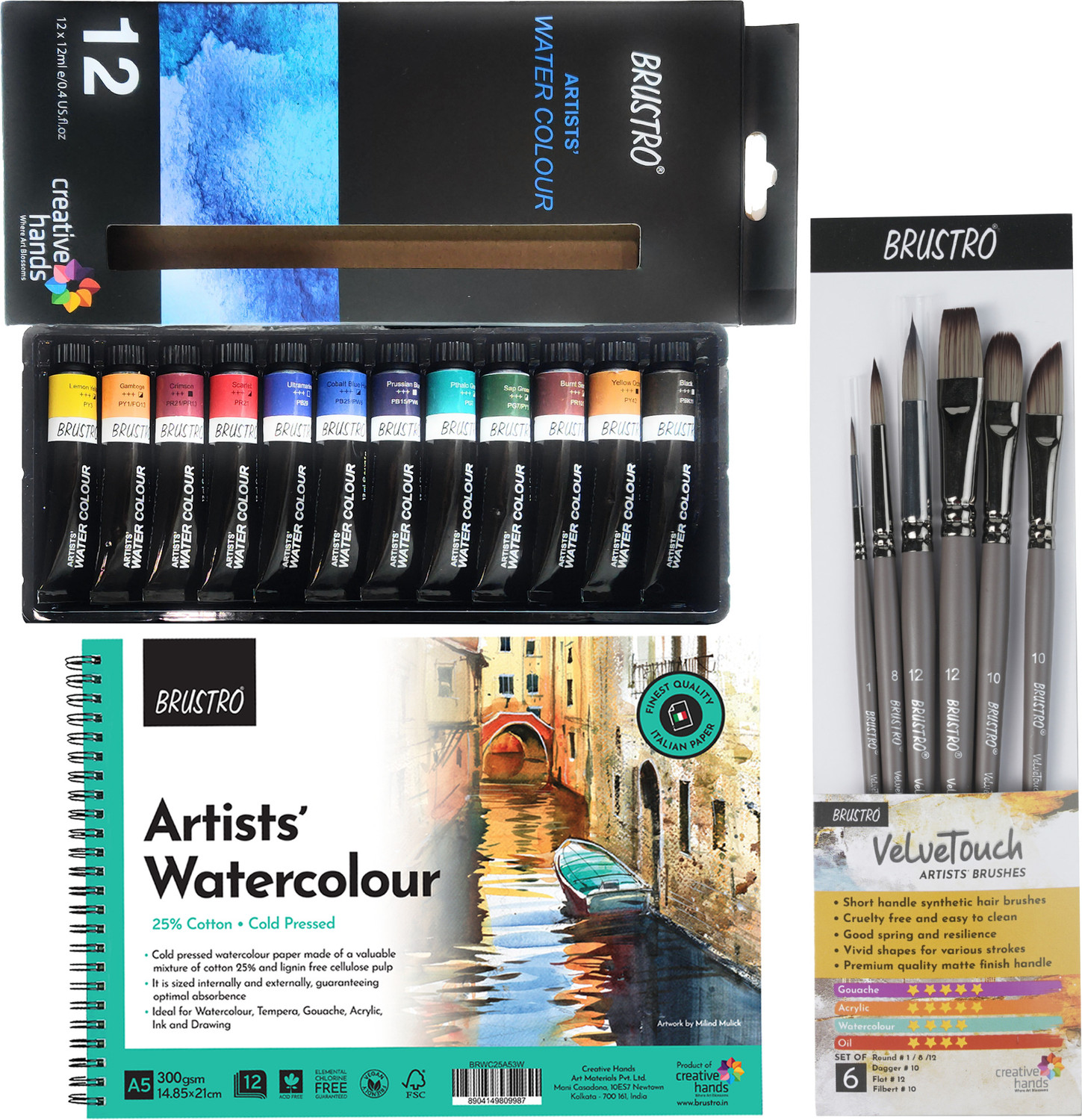 Image of BRuSTRO Artist Watercolour Tubes Set of 12x12ml WIth VelveTouch Brush and Wiro Bound Pad
