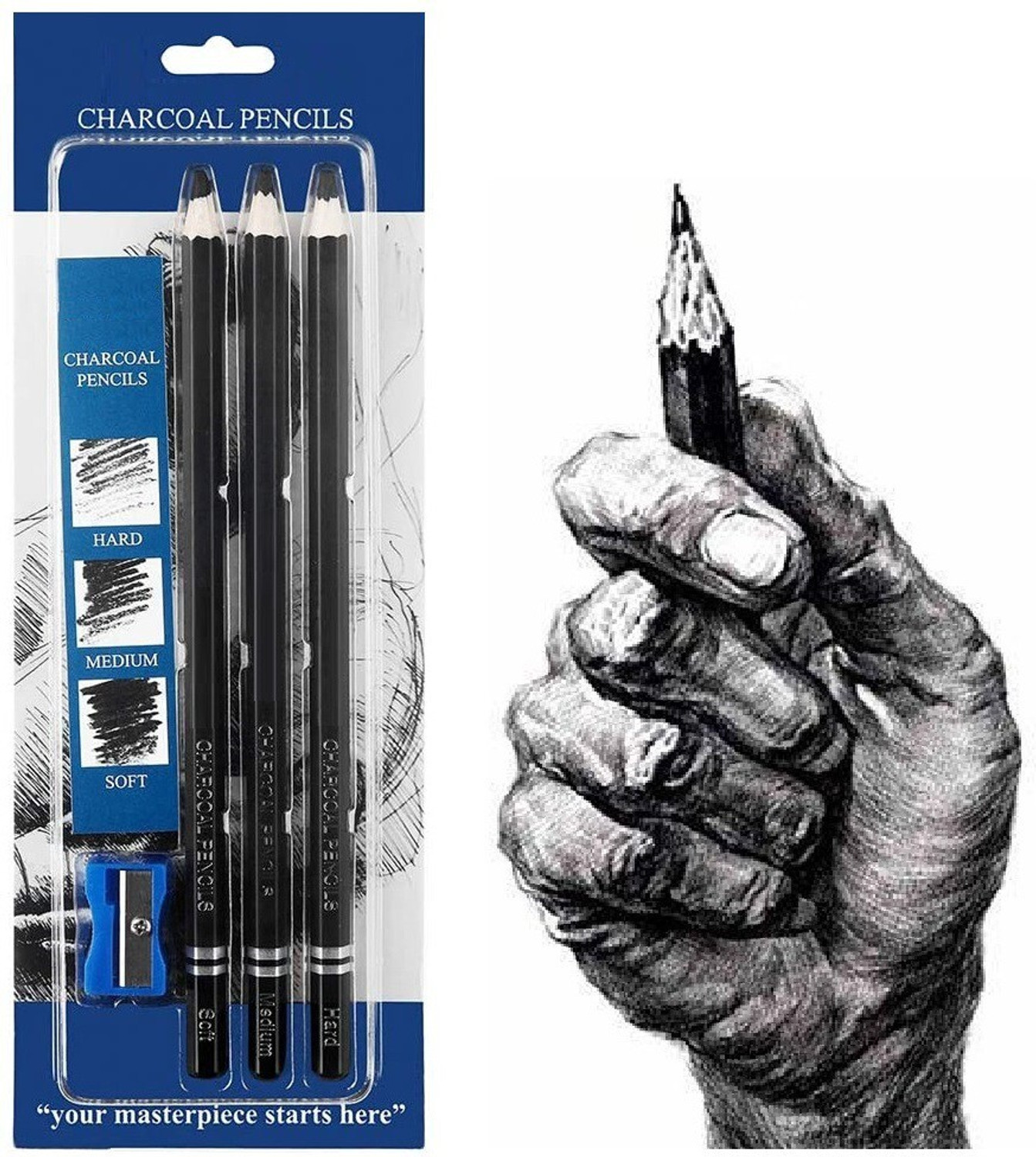 Image of Definite Art 3 Pc Black Charcoal Pencils (1 Hard, 1 Medium and 1 Soft); Blending Smudger Brush and One Kneadable Eraser for Charcoal and Pastel Pencils.