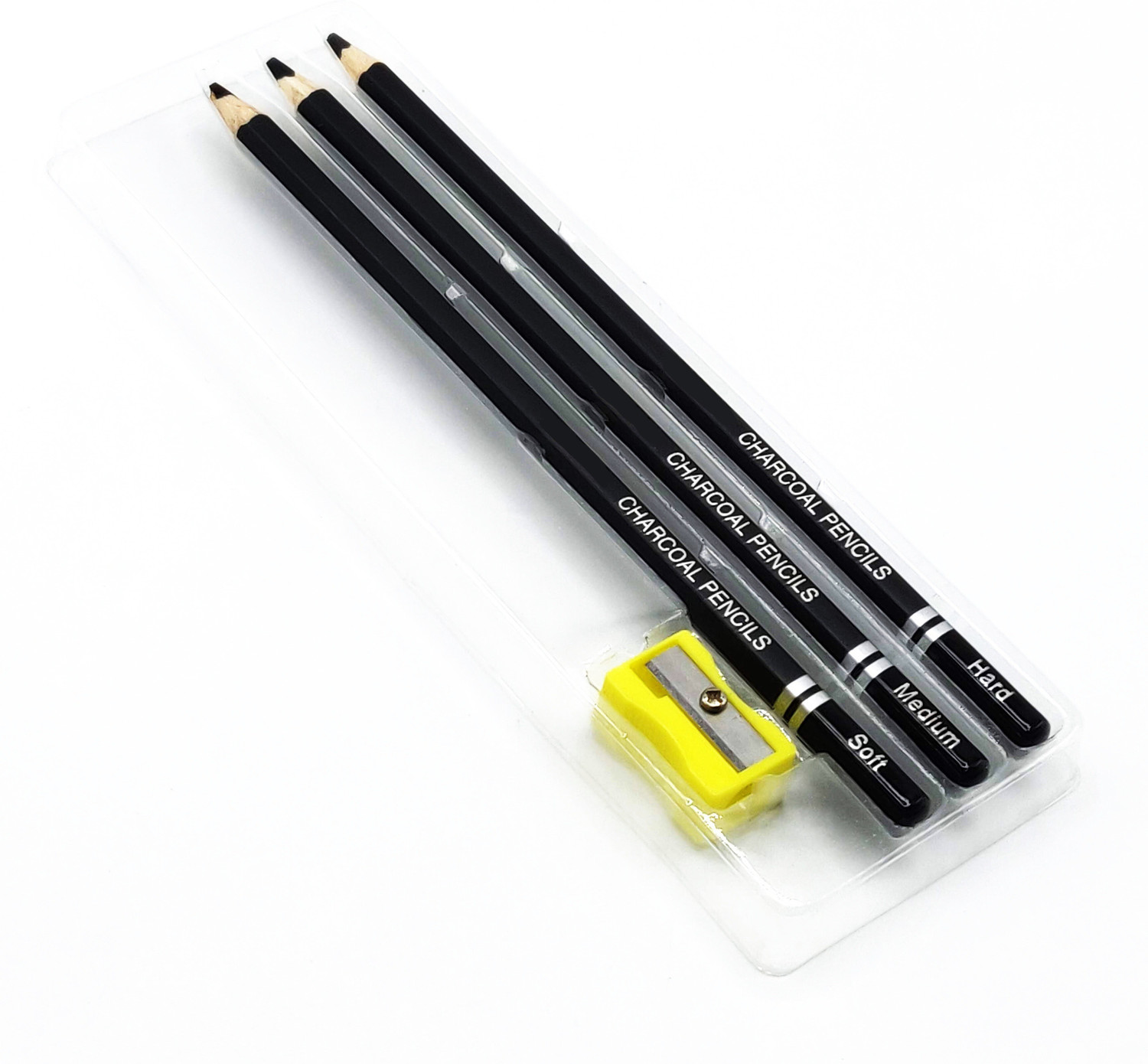 Image of Definite Art 3 Pc Black Charcoal Pencils (1 Hard, 1 Medium and 1 Soft); Blending Smudger Brush and One Kneadable Eraser for Charcoal and Pastel Pencils.