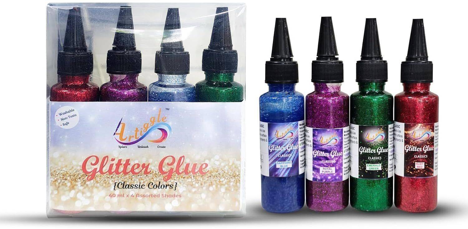 ARTIGGLE Glitter Glue Non-Toxic for Art and Craft Decoration (4color-40ML) | Sparkle Glue