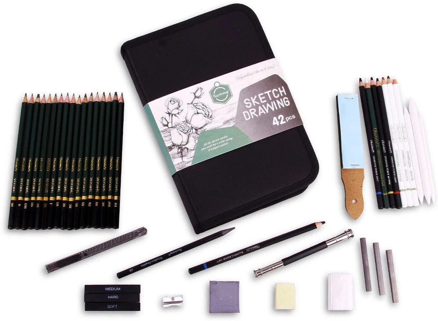 Image of PEACORA 42 Pcs Sketching and Drawing Professional Art Tool Kit with Zippered Carry Case.