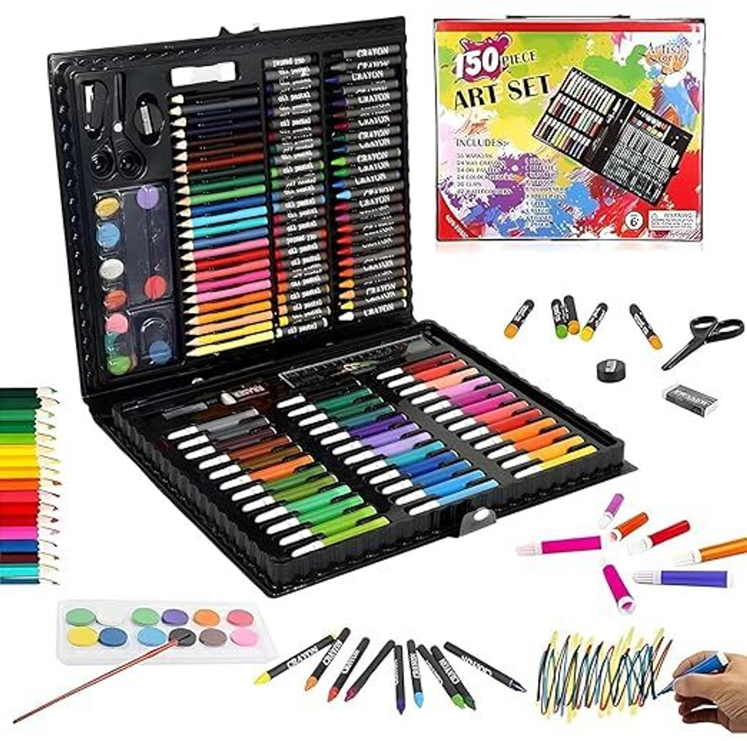 Image of TONY STARK Deluxe Kids Art Set for Drawing Painting with Portable Art Box (Black,150pcs)