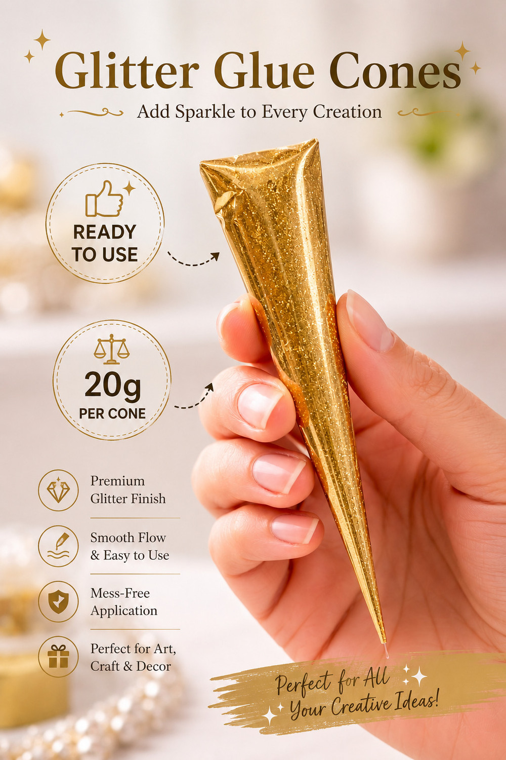 Image of Krizadiv 6 PCS golden glitter outliner cone | glitter art cone | sparkle decoration glue