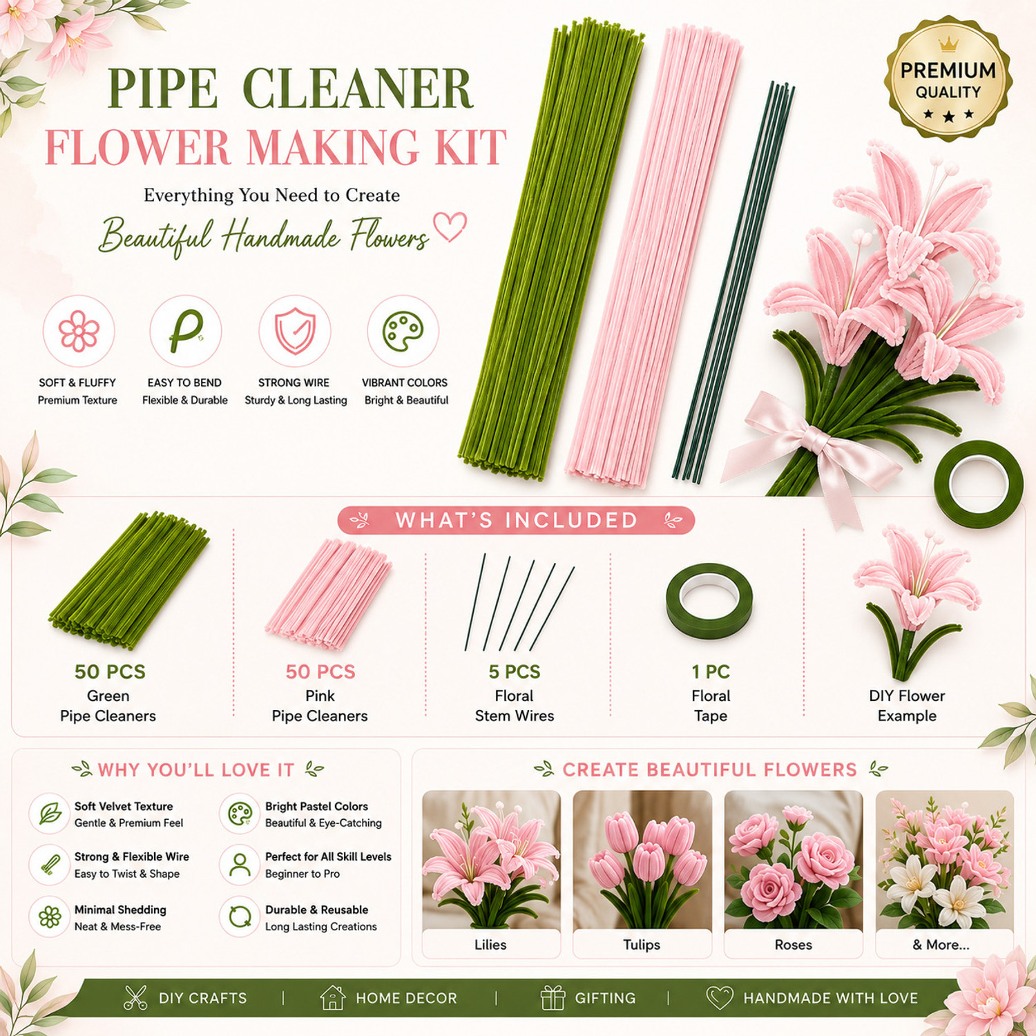 Image of DsCrafts 100 Pcs Pipe Cleaner Craft Kit with Floral Tape & Green Stem Wire for DIY