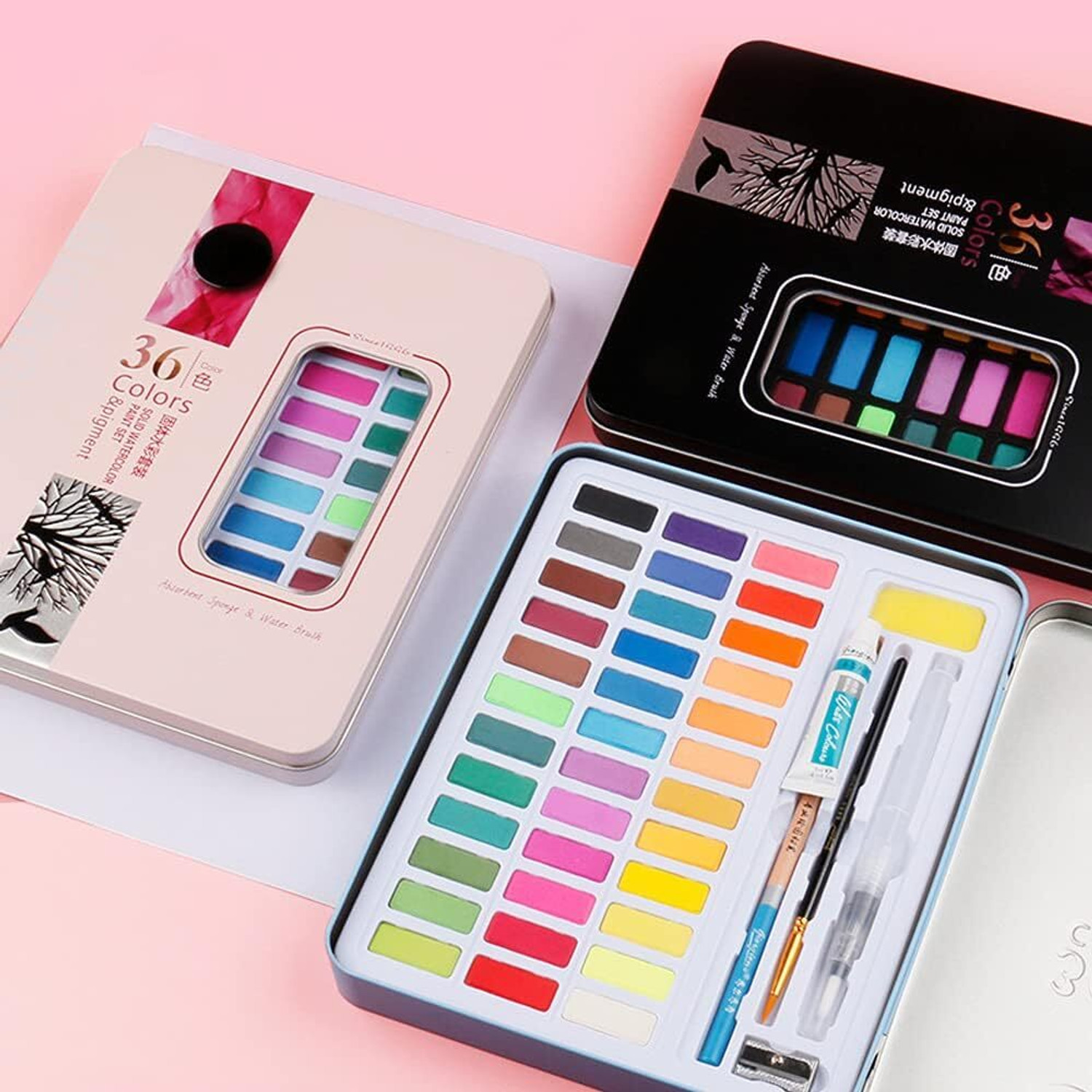 Image of PEACORA 36 Pcs Water color Paint Set of Water Brush Pen Set Solid Watercolor Paints