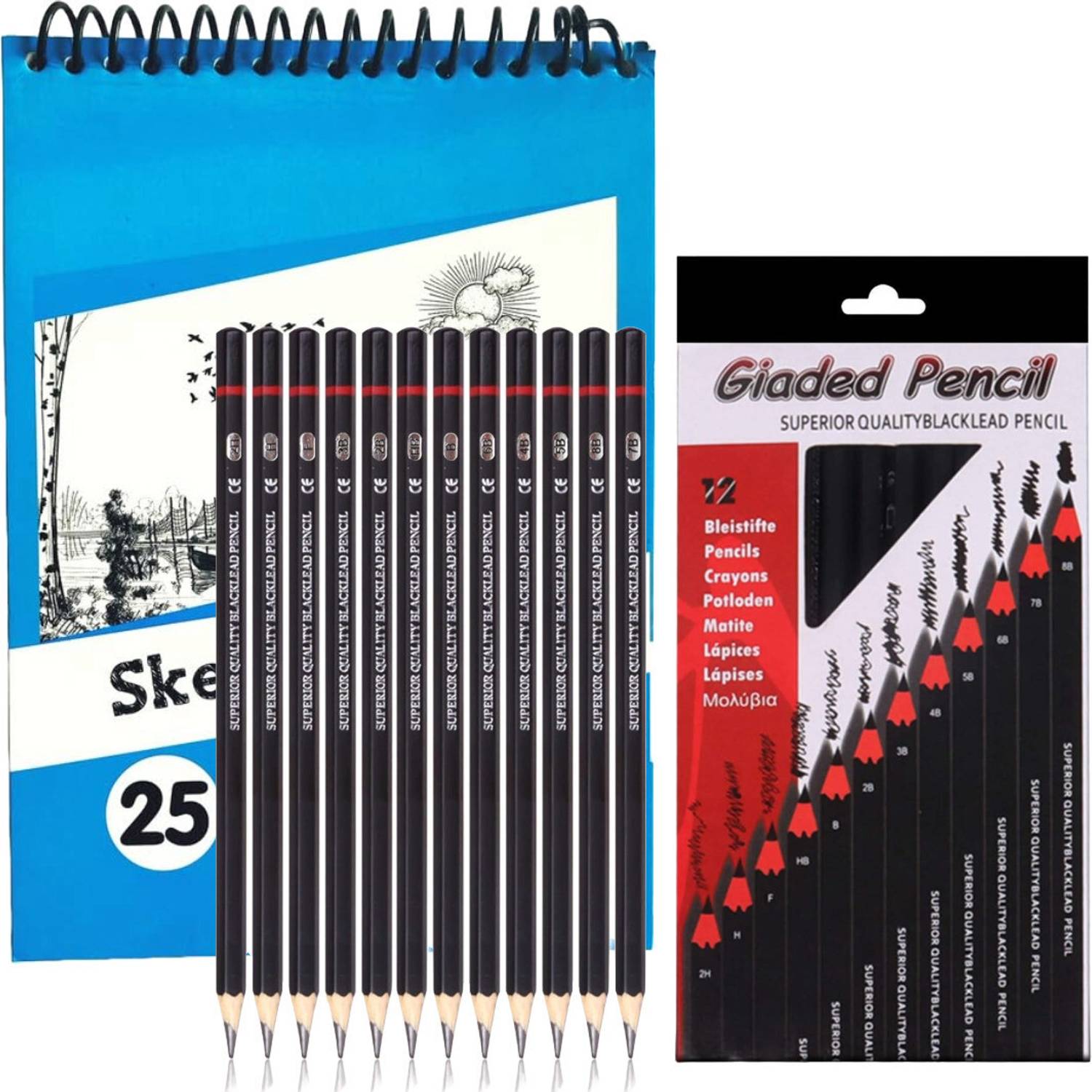 Adoere Set of 13 Drawing Kit 12pc Sketch Pencil Set & 25 Sheets 50 Page A5 Sketch Book