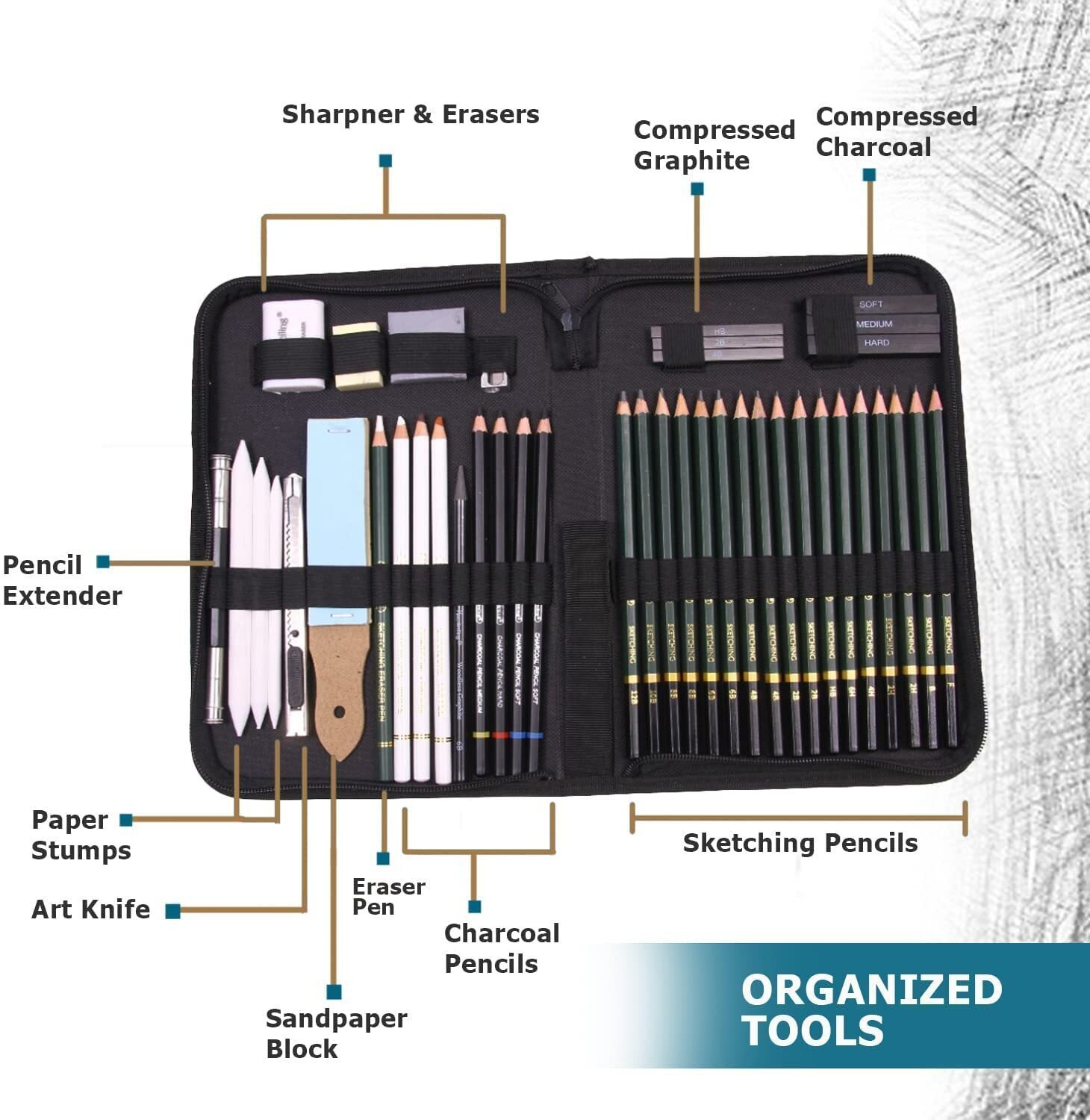 Image of Arrolliant 43pc Sketching Artist Art Tool Kit Art Supplies For Sketching kit
