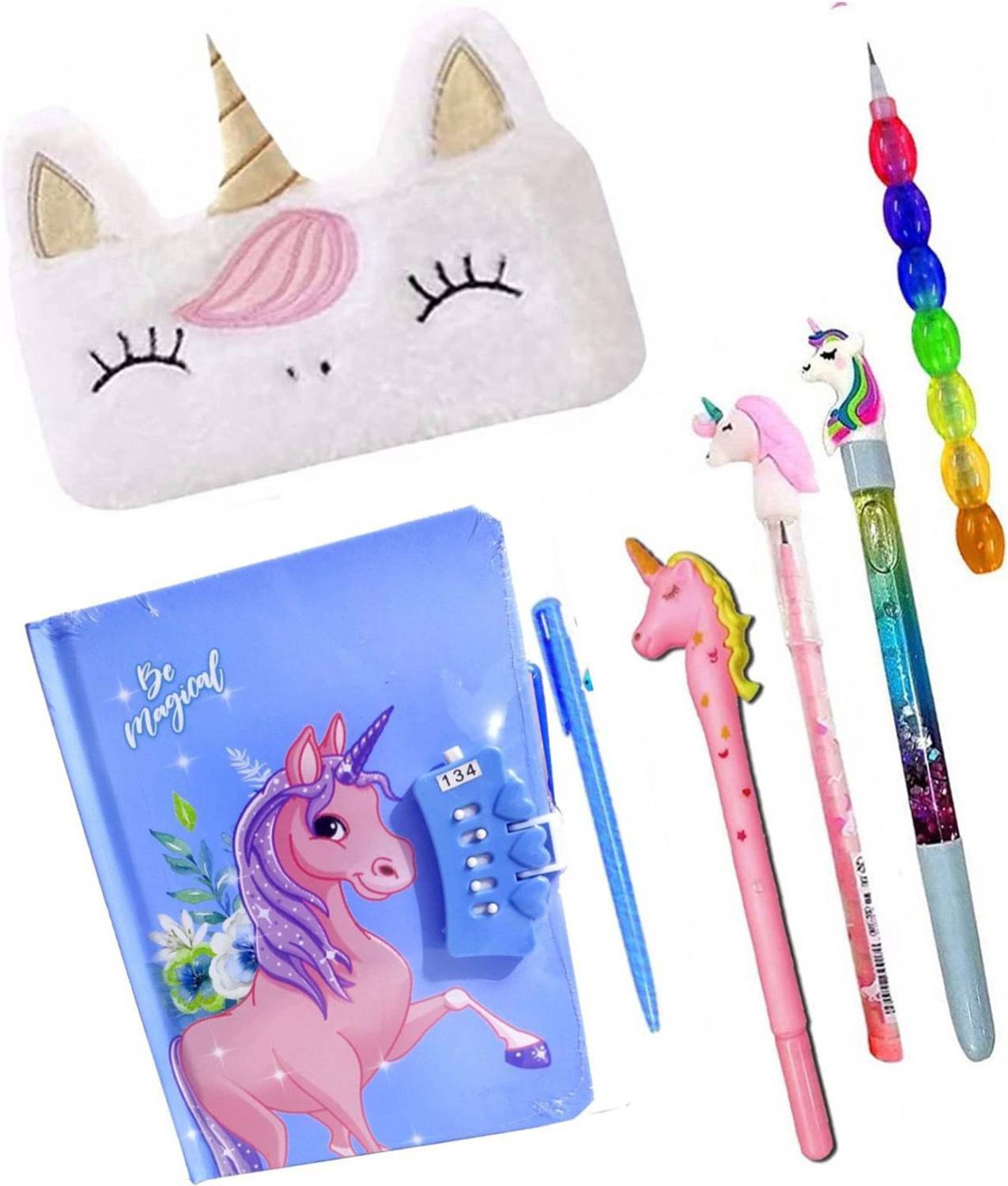 13House Unicorn Combo (Pack of 6) for kids- Lock and Password Diary/Fur Pouch/Pen/Pencil