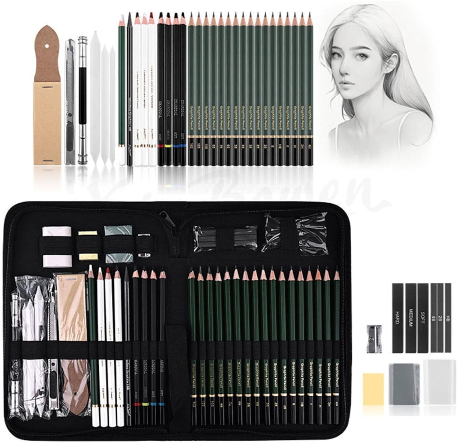 Image of Shivom Art Sketching Pencils Drawing Kit 42 Pcs Drawing set with Zippered Carrying Case