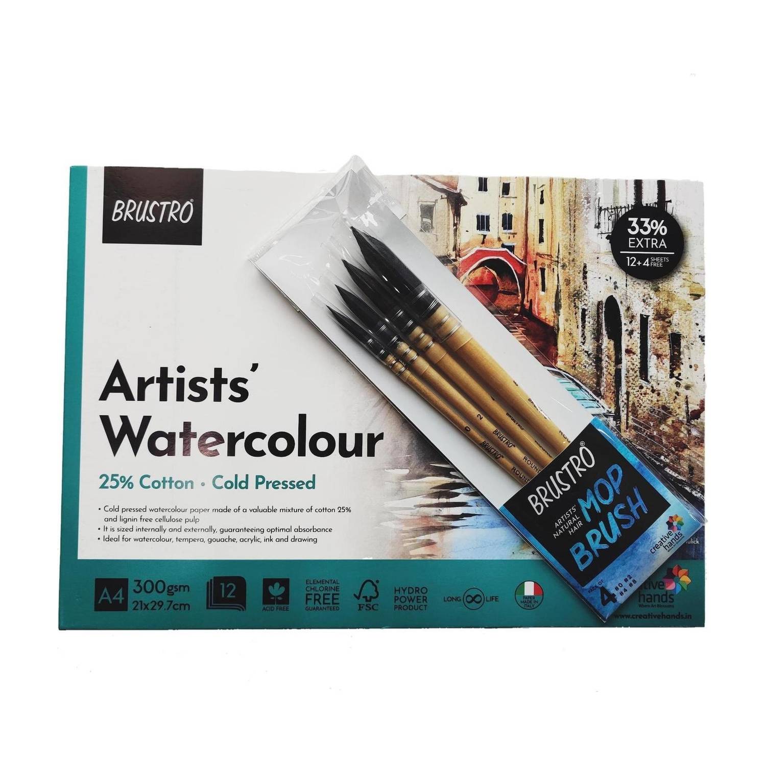BRuSTRO Artists' Natural Hair MOP Brush Set of 4 (0, 2, 4, 8) with Artist Watercolour Pad Cold Pressed 300 GSM 25% Cotton A4 - (12 + 4 Free Sheets)