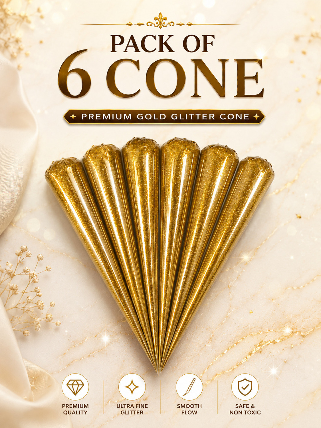 Image of Krizadiv 6 PCS golden glitter outliner cone | glitter art cone | sparkle decoration glue