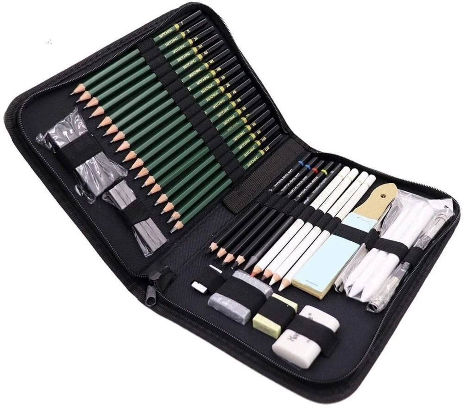 Image of PEACORA 42 Pcs Sketching and Drawing Professional Art Tool Kit with Zippered Carry Case.