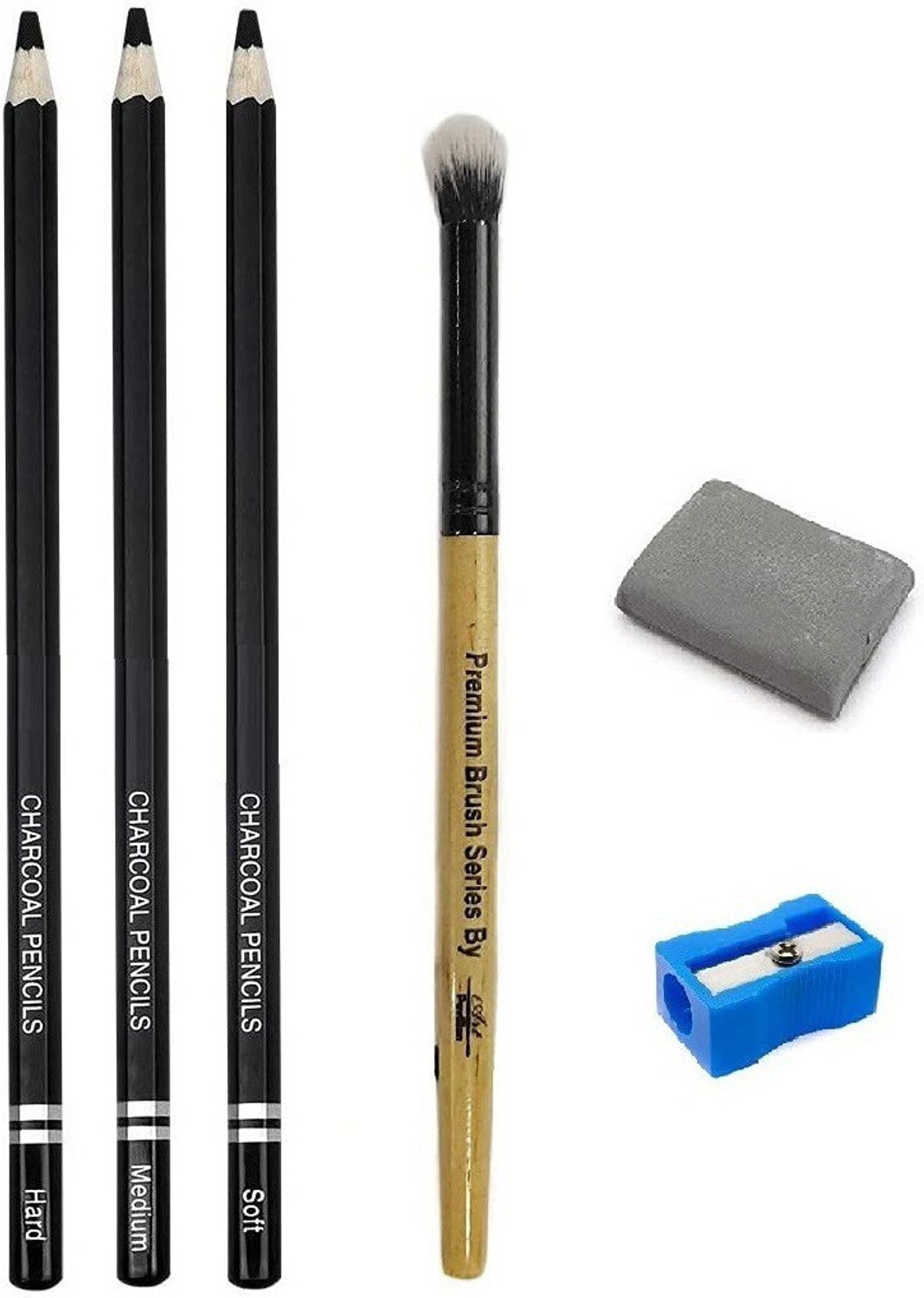 Image of Definite Art 3 Pc Black Charcoal Pencils (1 Hard, 1 Medium and 1 Soft); Blending Smudger Brush and One Kneadable Eraser for Charcoal and Pastel Pencils.