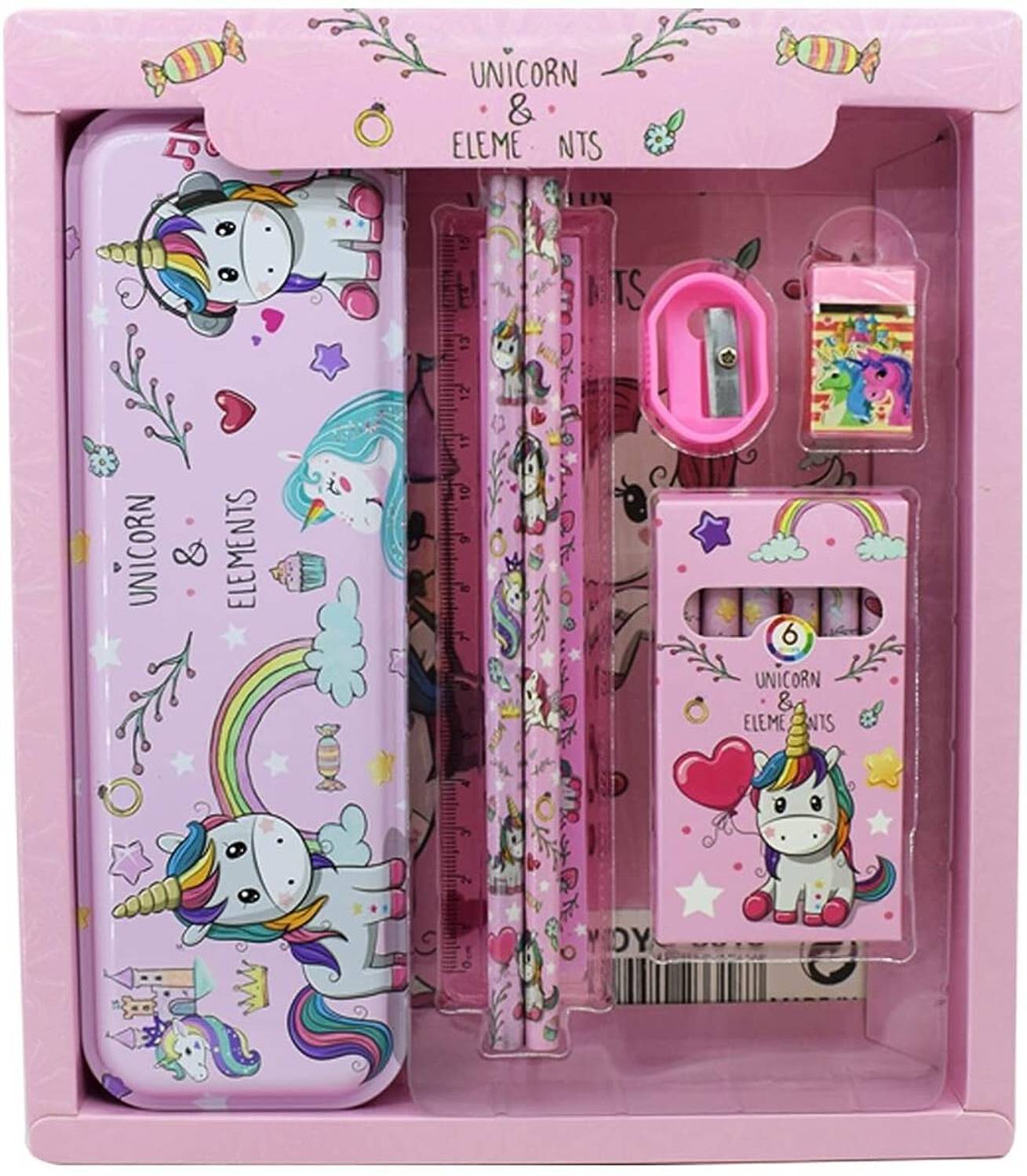 YEWISH Stationary Kit Set for School Kids, Pencil Scale Eraser Sharpener Crayons Set