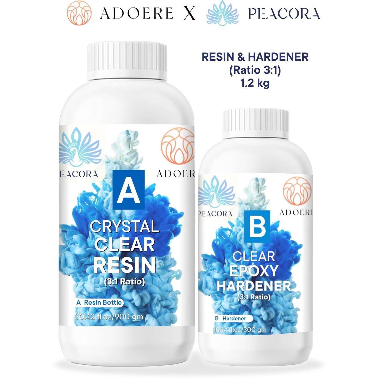 Adoere X Peacora Epoxy Resin Kit 1.2 Kg – Premium 3:1 Ratio Art Resin & Hardener