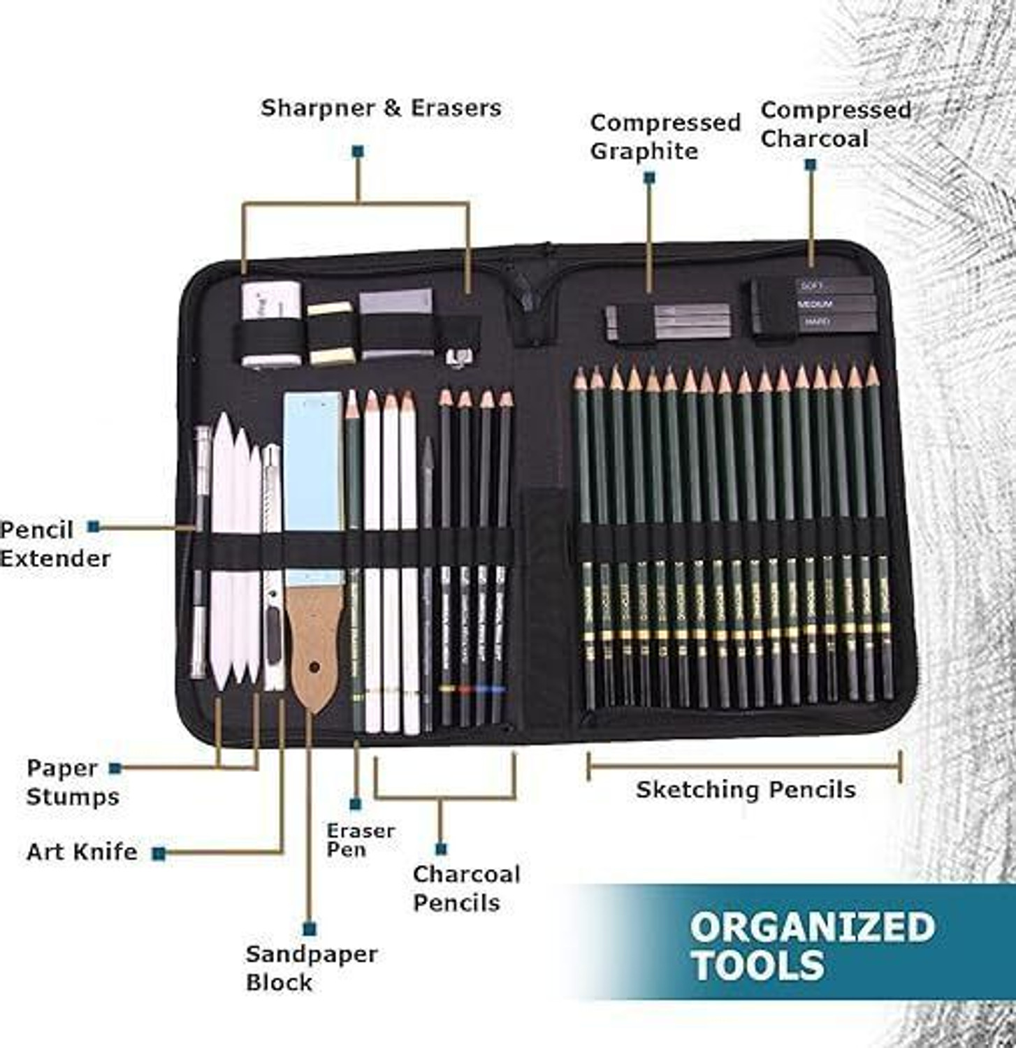 Image of Shivom Art Sketching Pencils Drawing Kit 42 Pcs Drawing set with Zippered Carrying Case