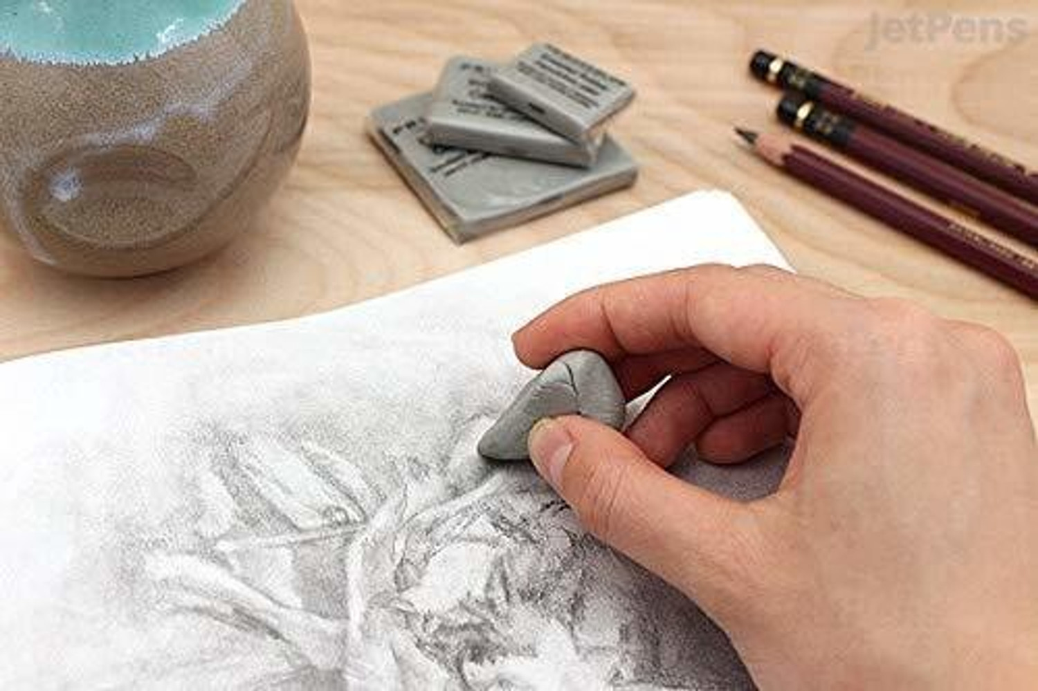 Image of Definite Art 3 Pc Black Charcoal Pencils (1 Hard, 1 Medium and 1 Soft); Blending Smudger Brush and One Kneadable Eraser for Charcoal and Pastel Pencils.