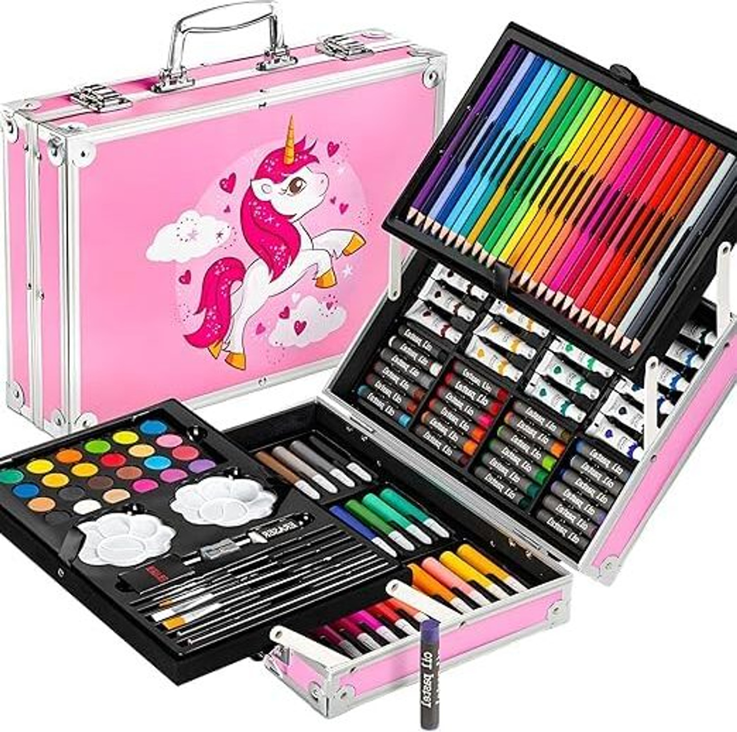 Image of TOYTRIBE Premium 145-Pieces Pink Unicorn Art Kit - Complete Kids Drawing and Craft Set