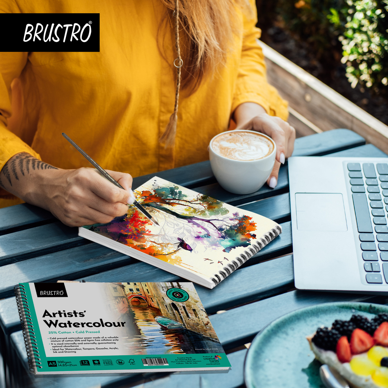 Image of BRuSTRO Artist Watercolour Tubes Set of 12x12ml WIth VelveTouch Brush and Wiro Bound Pad