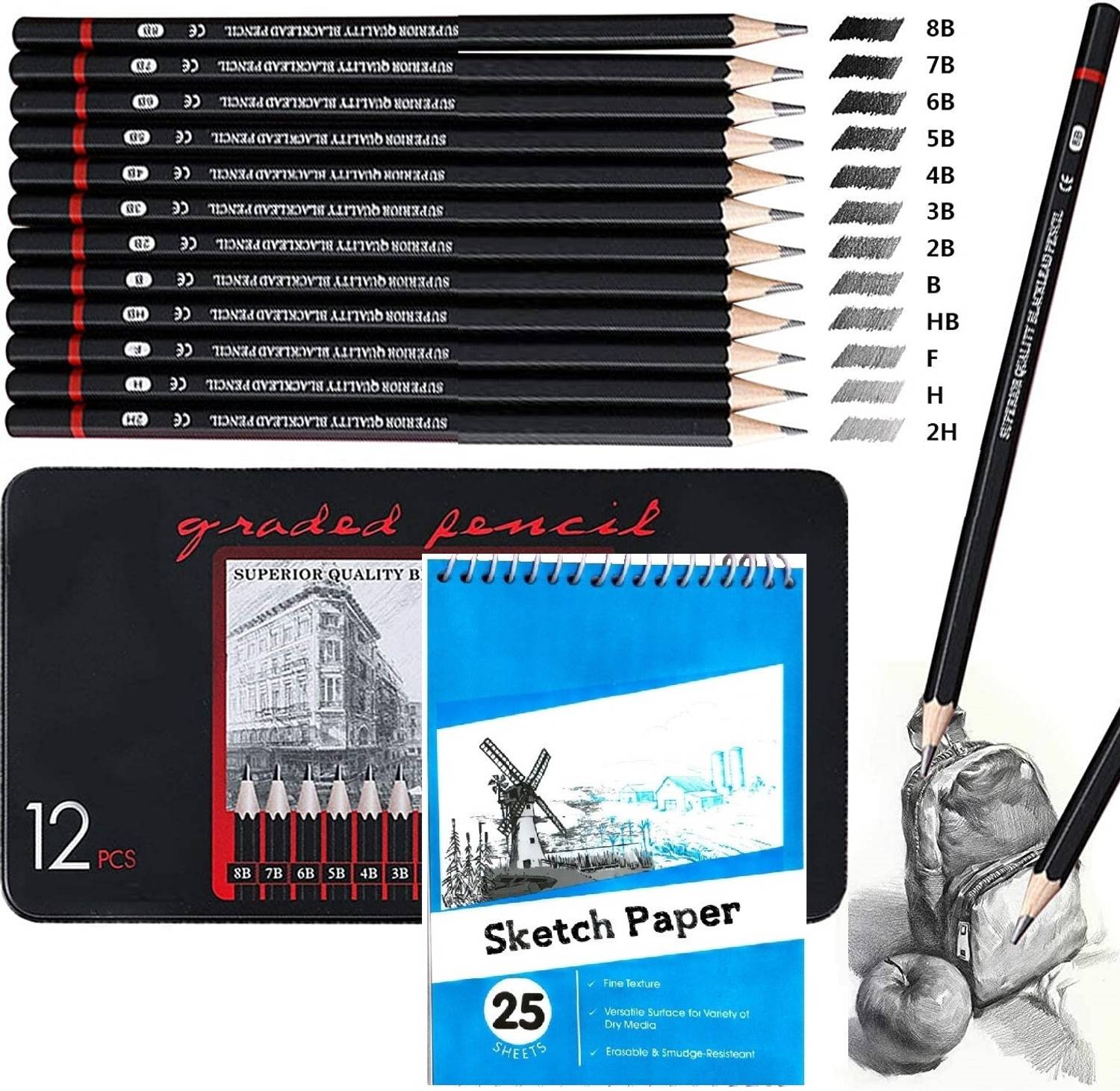 Adoere 13 Pc Sketch Pencil Set Drawing Kit for Art Kit with 25 Sheets A5 Sketch Book