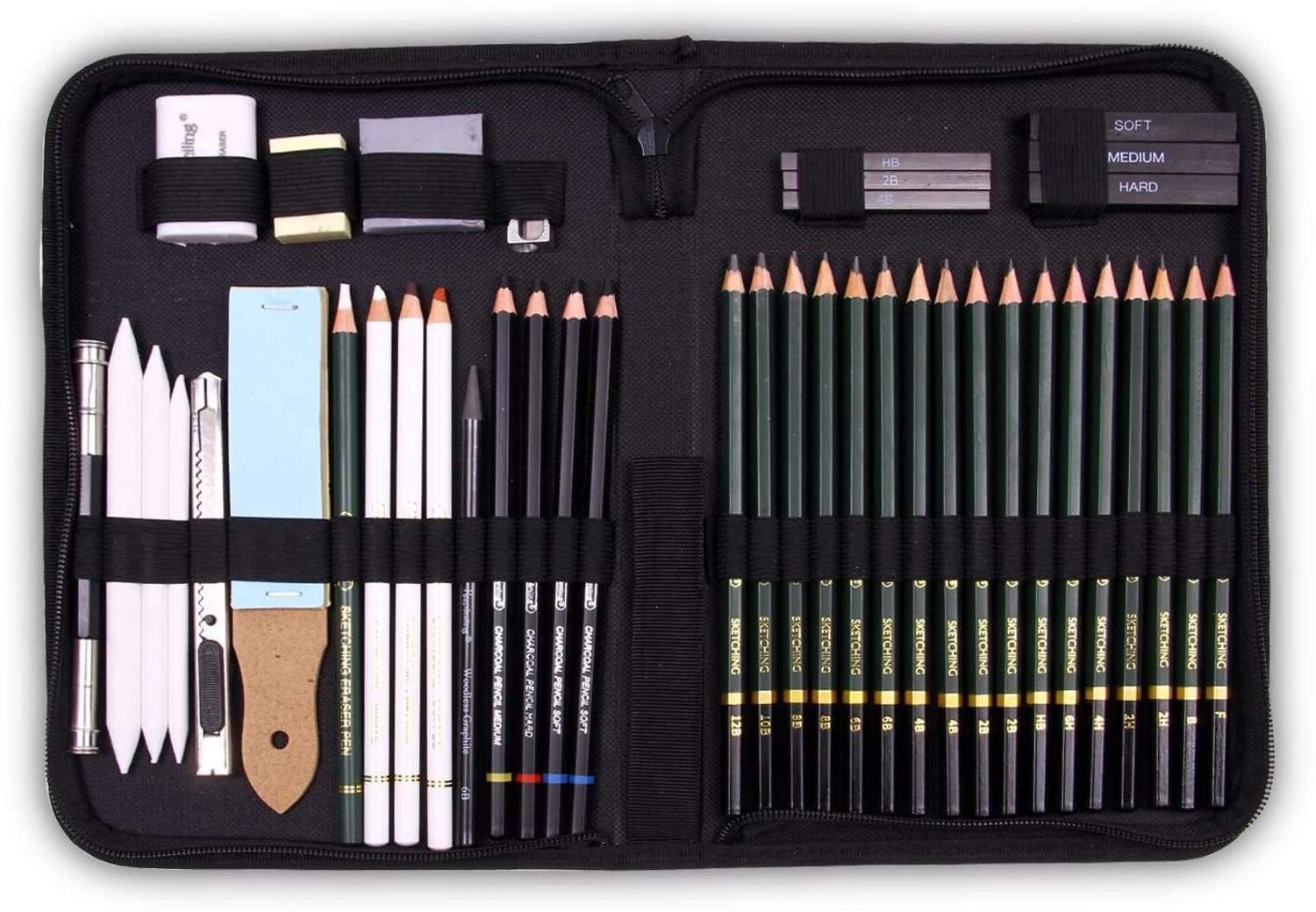 Image of PEACORA 42 Pcs Sketching and Drawing Professional Art Tool Kit with Zippered Carry Case Pencil