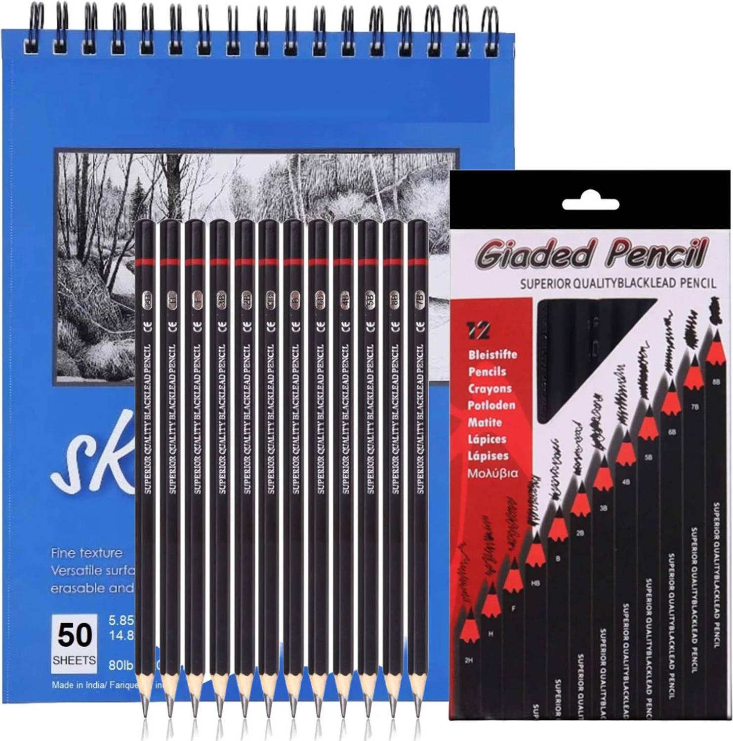 Adoere 12 Pc Drawing Sketch Pencil Sketching Pencil Set with A5 Sketch Book 50 Sheet