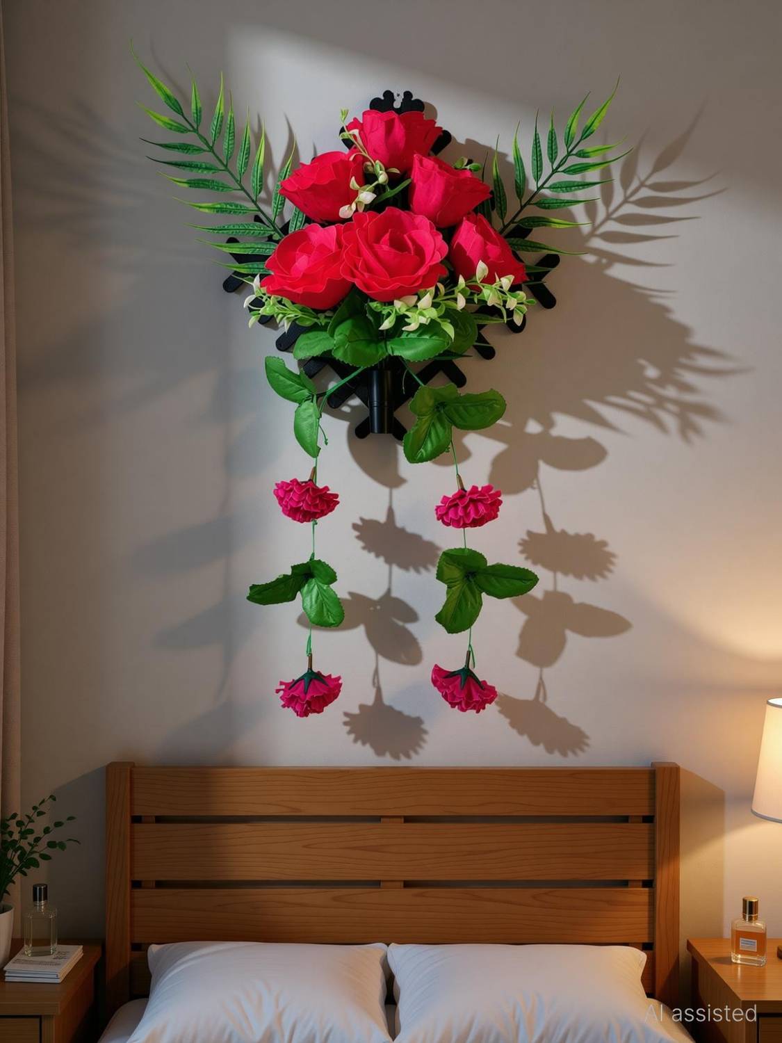 abhay flowers and fashion Wall Hanging Flower Bunch With Vase Red Rose Artificial Flower with Pot